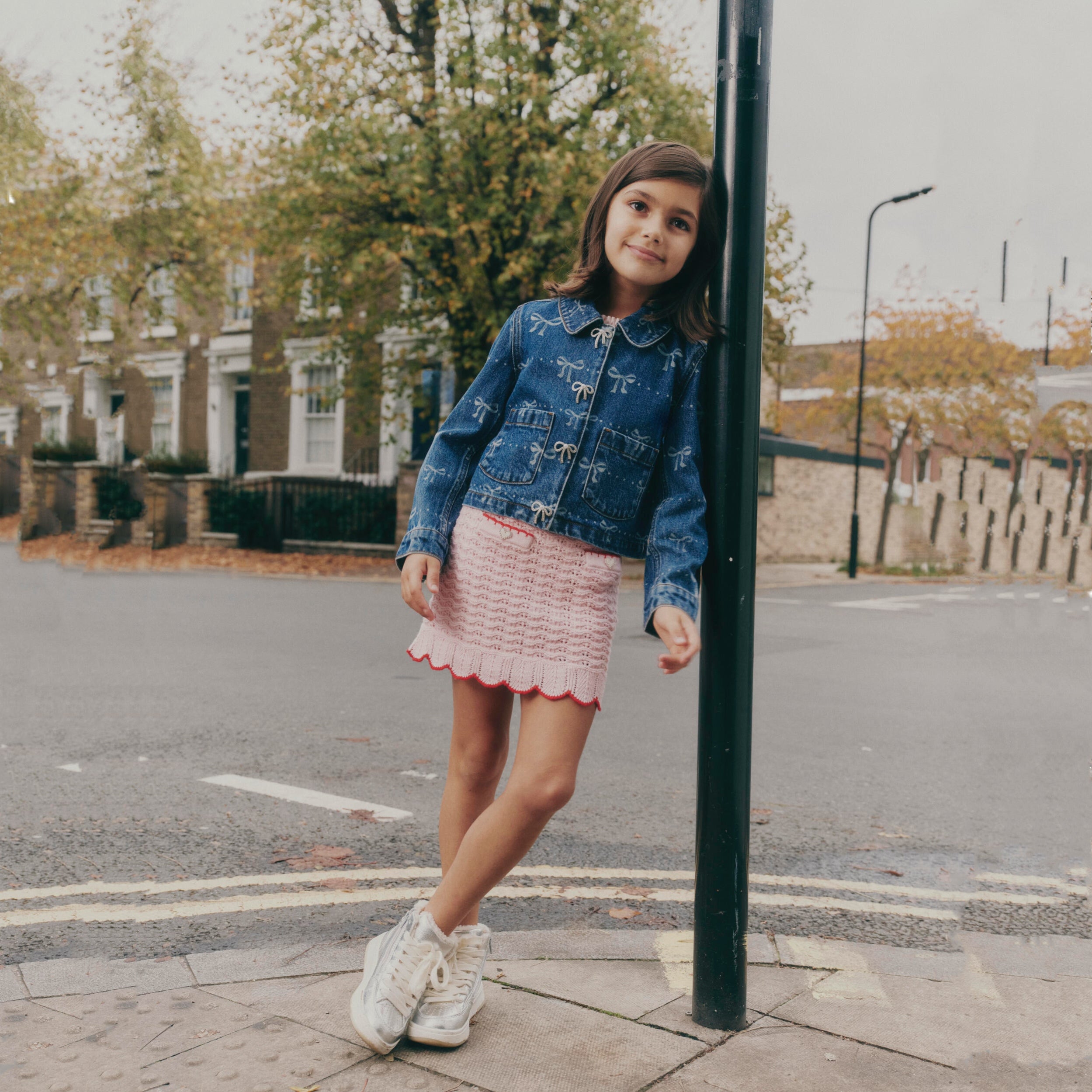 Girls Blue Bow Print Denim Jacket