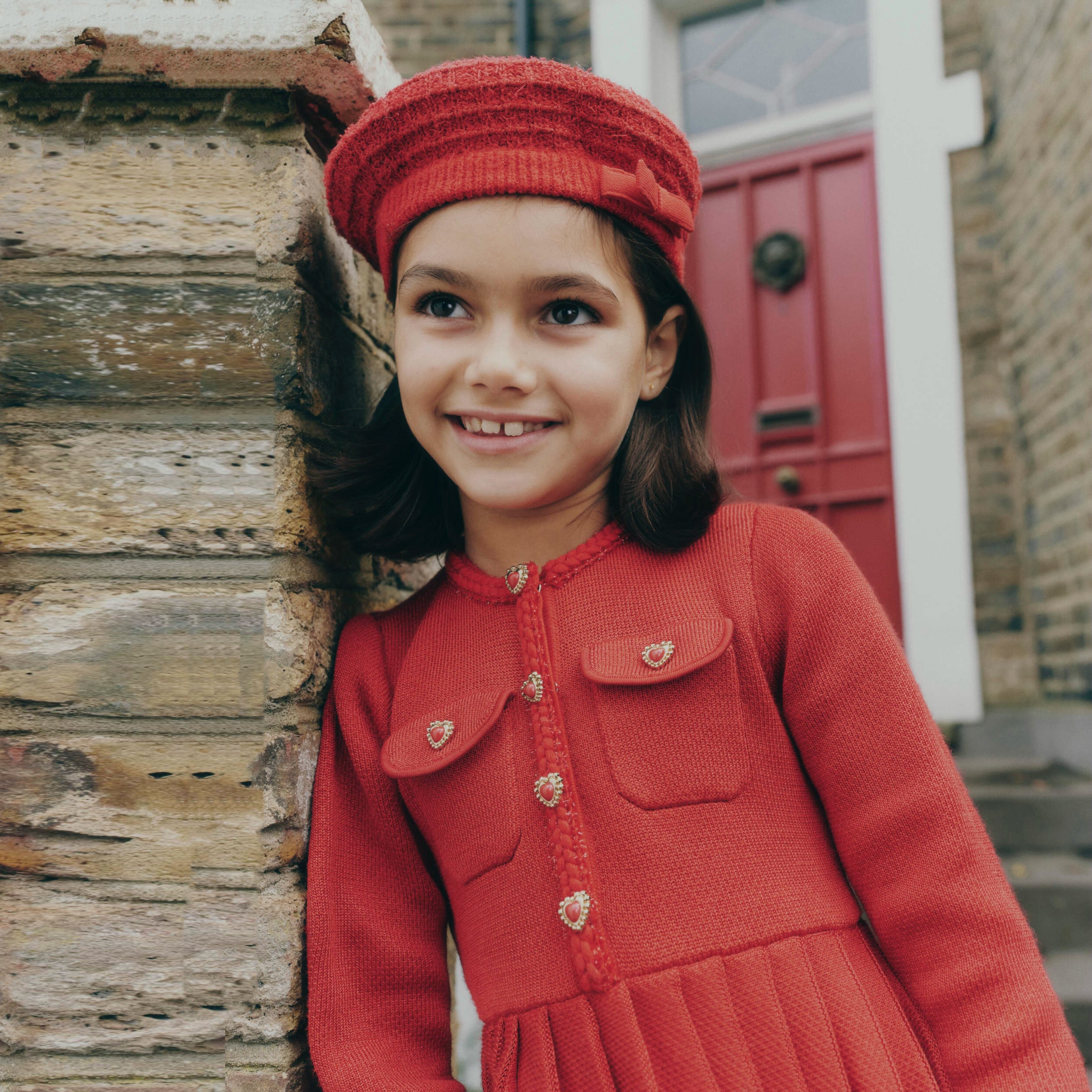 Girls Red Knit Pleated Dress