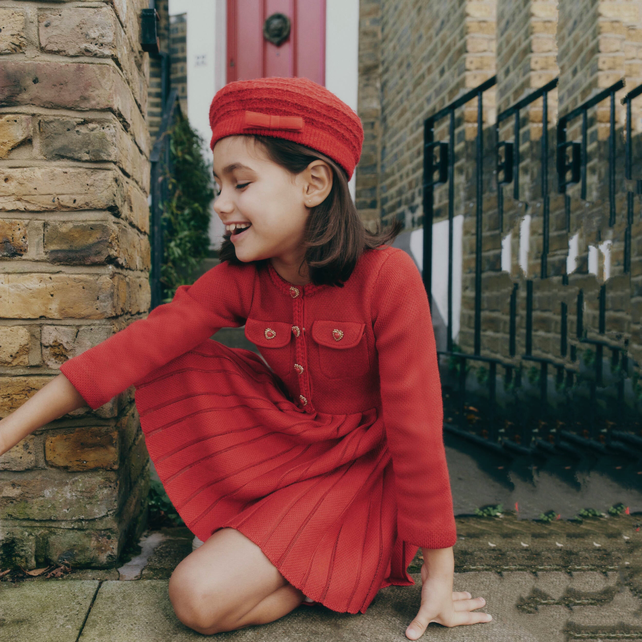 Girls Red Knit Pleated Dress