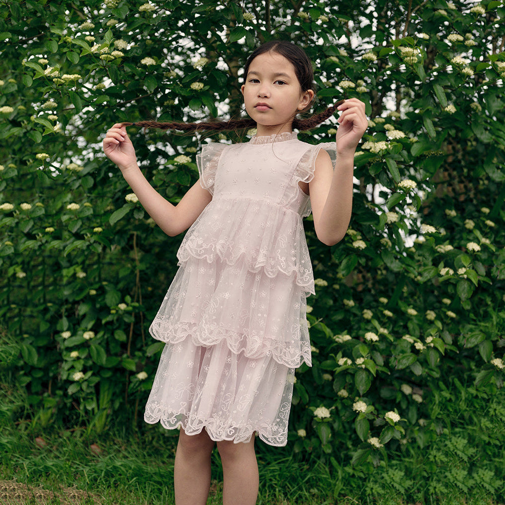 Girls Pink Tulle Embroidered Dress