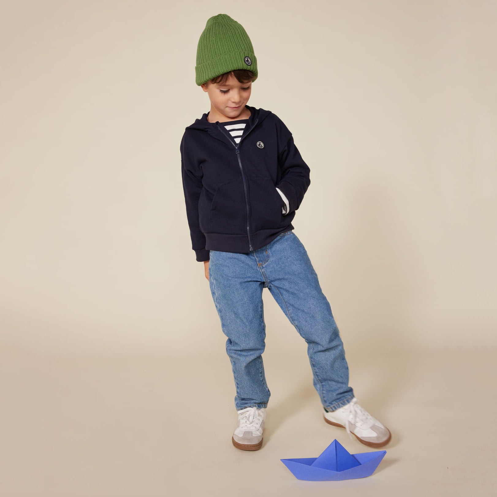 Boys Navy Cotton Zip-Up Top