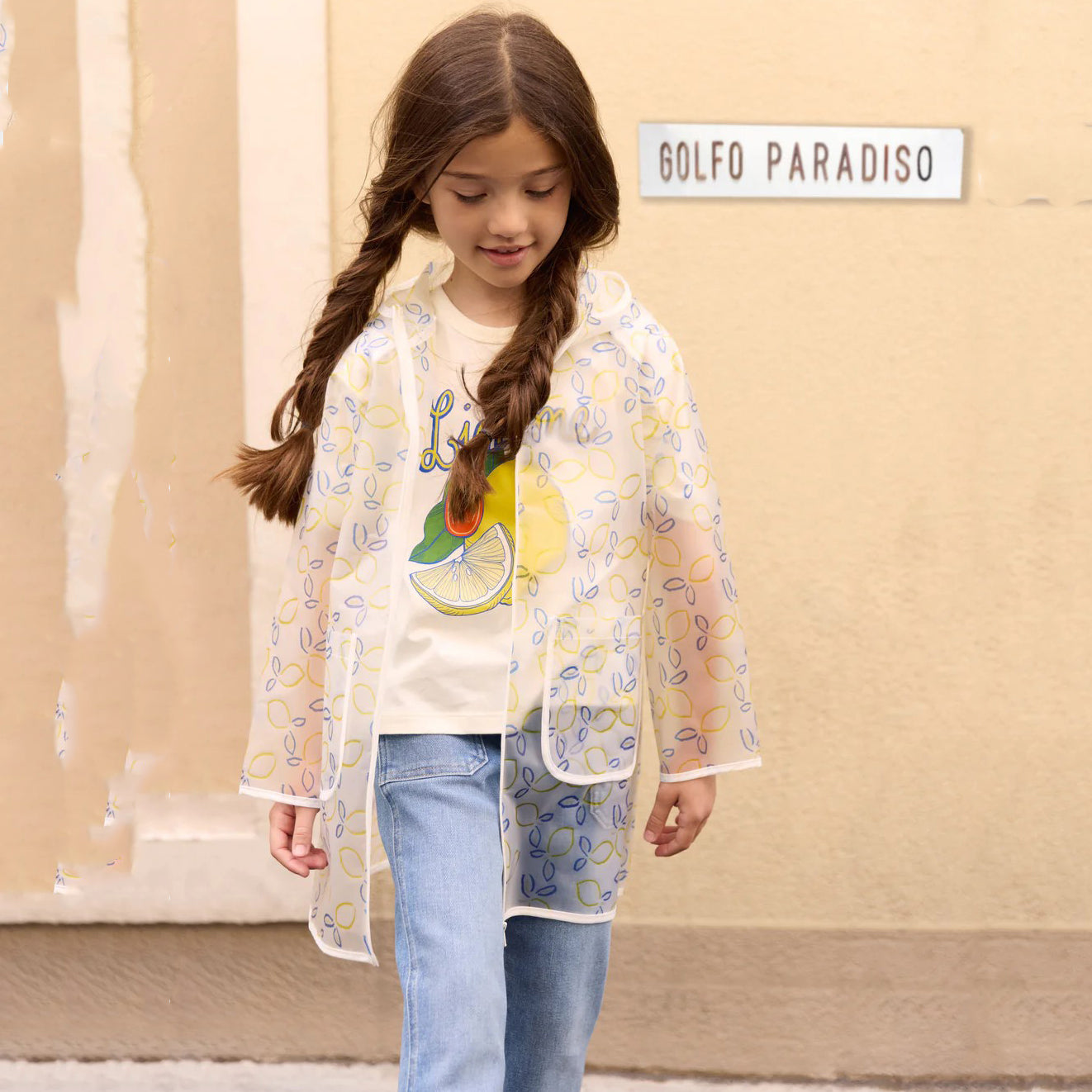 Girls Transparent Lemon Printed Raincoat