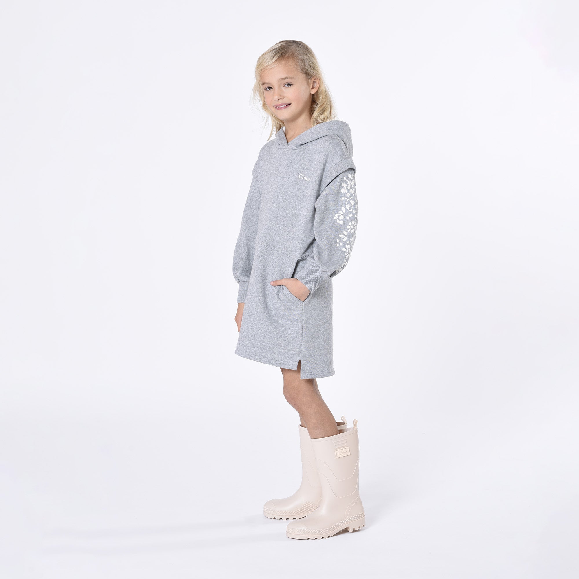 Girls Grey Embroidered Cotton Dress