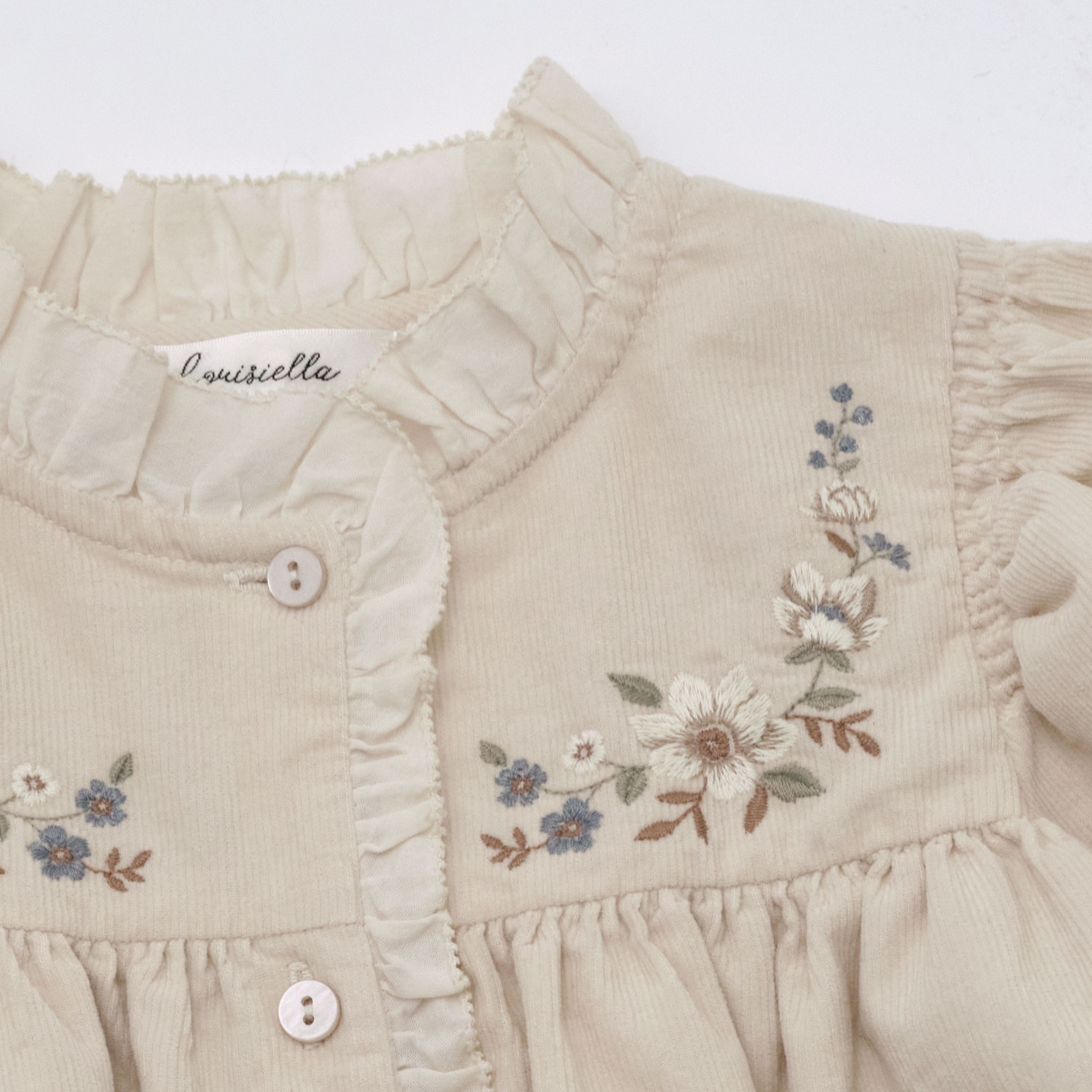 Girls Beige Embroidered Corduroy Dress