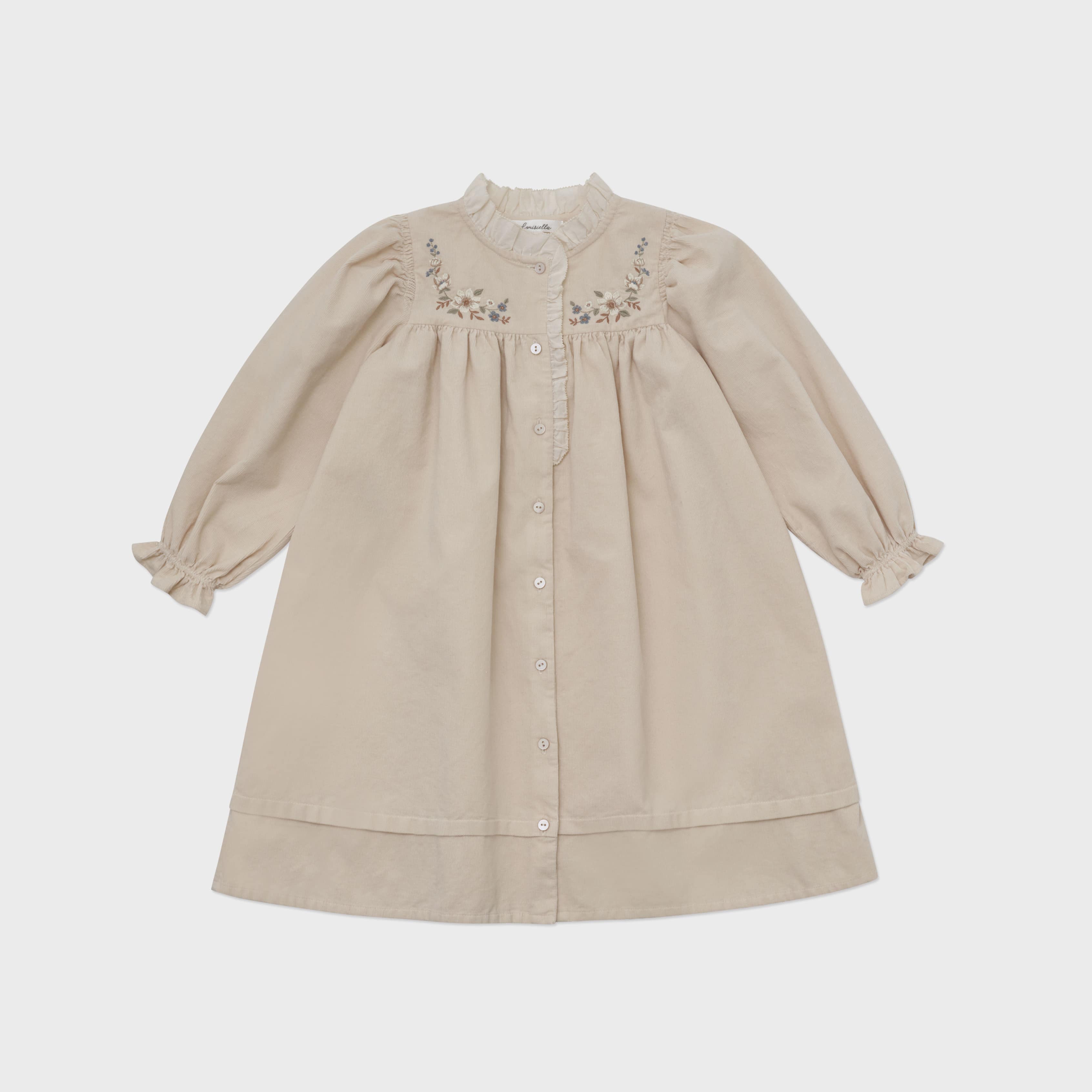 Girls Beige Embroidered Corduroy Dress