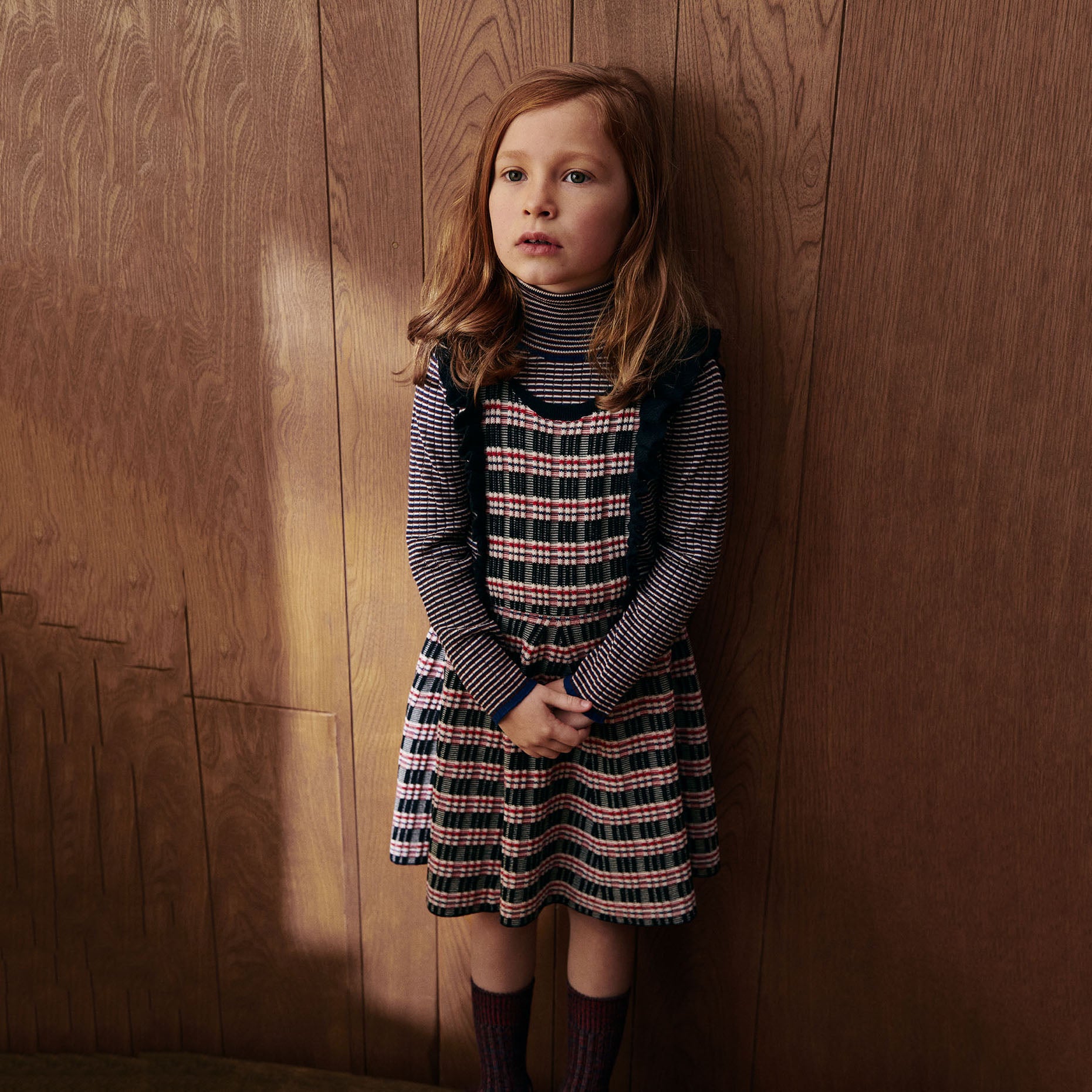 Girls Navy Blue Stripes Wool Dress