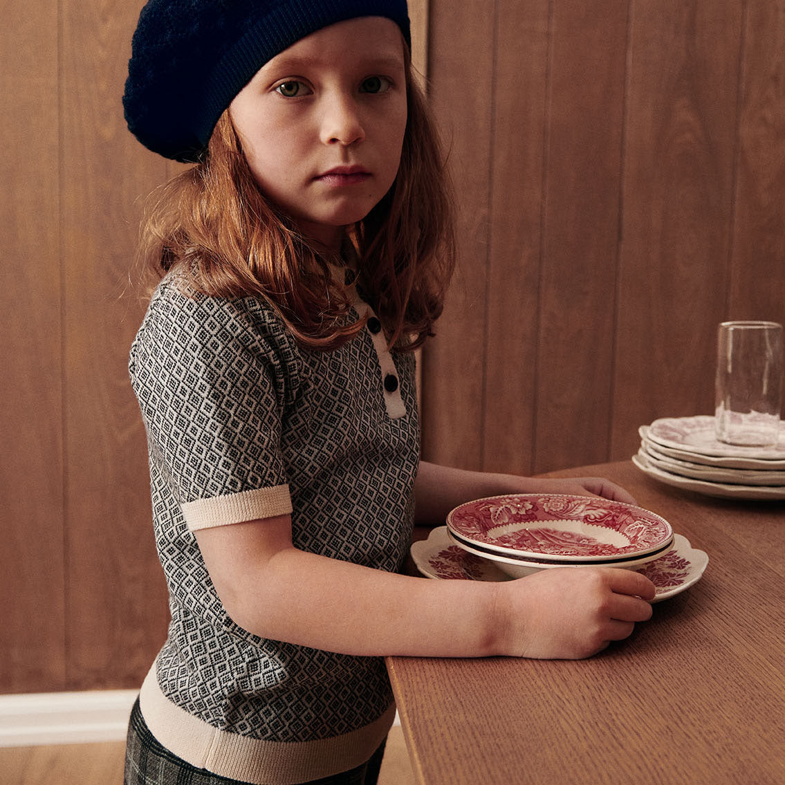 Boys & Girls Navy Check Wool Polo Shirt