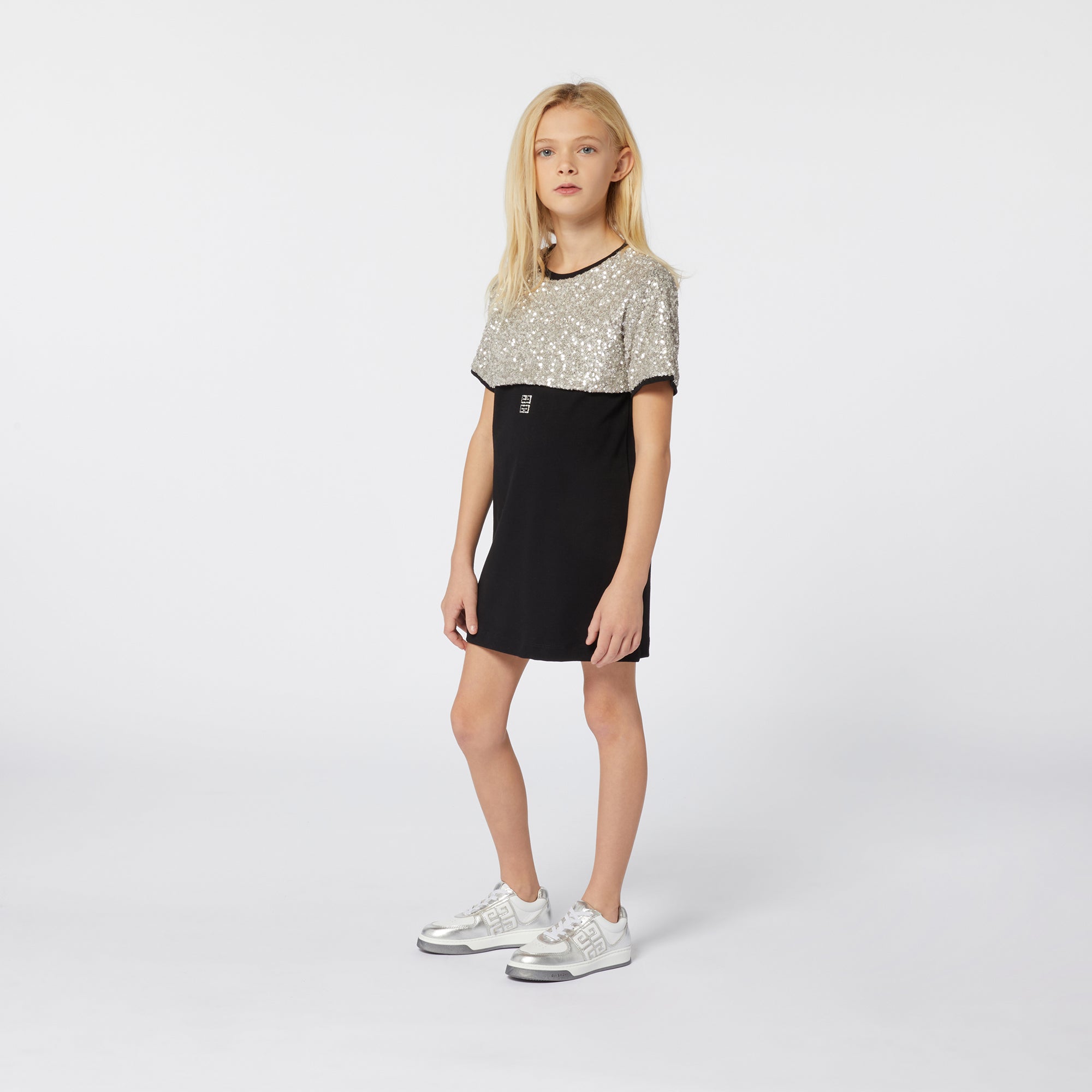 Girls Black Sequin Cotton Dress