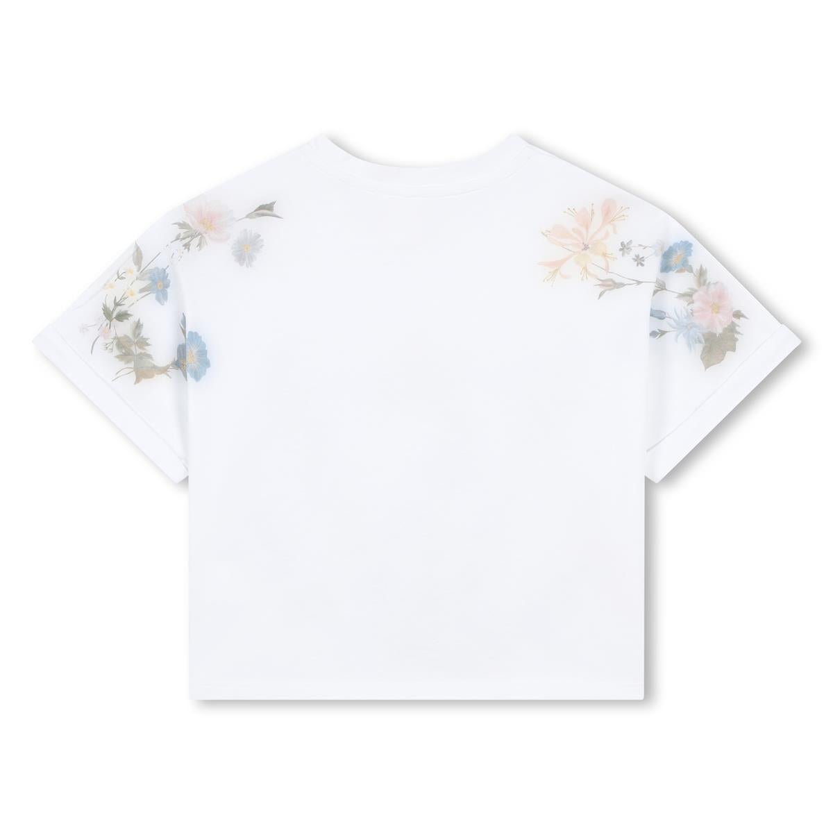 Girls White Flower Cotton T-Shirt