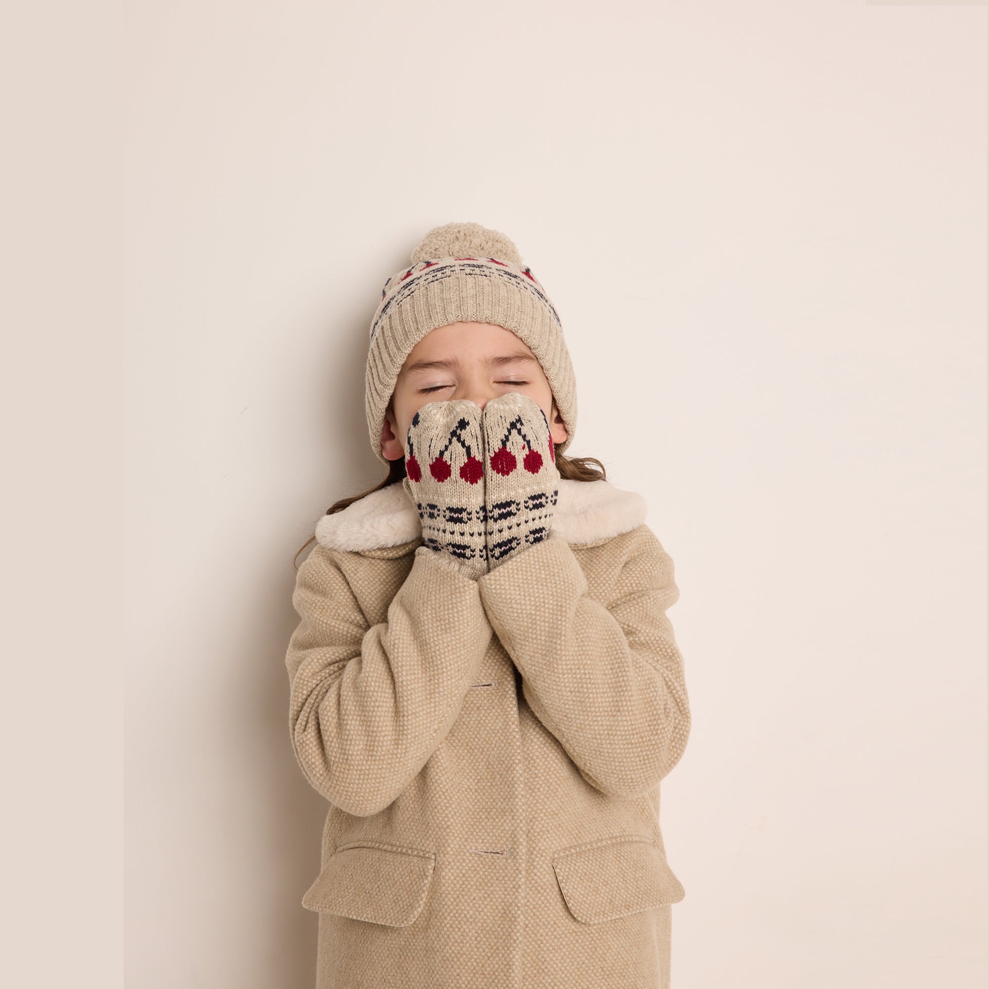 Girls Beige Logo Wool Gloves