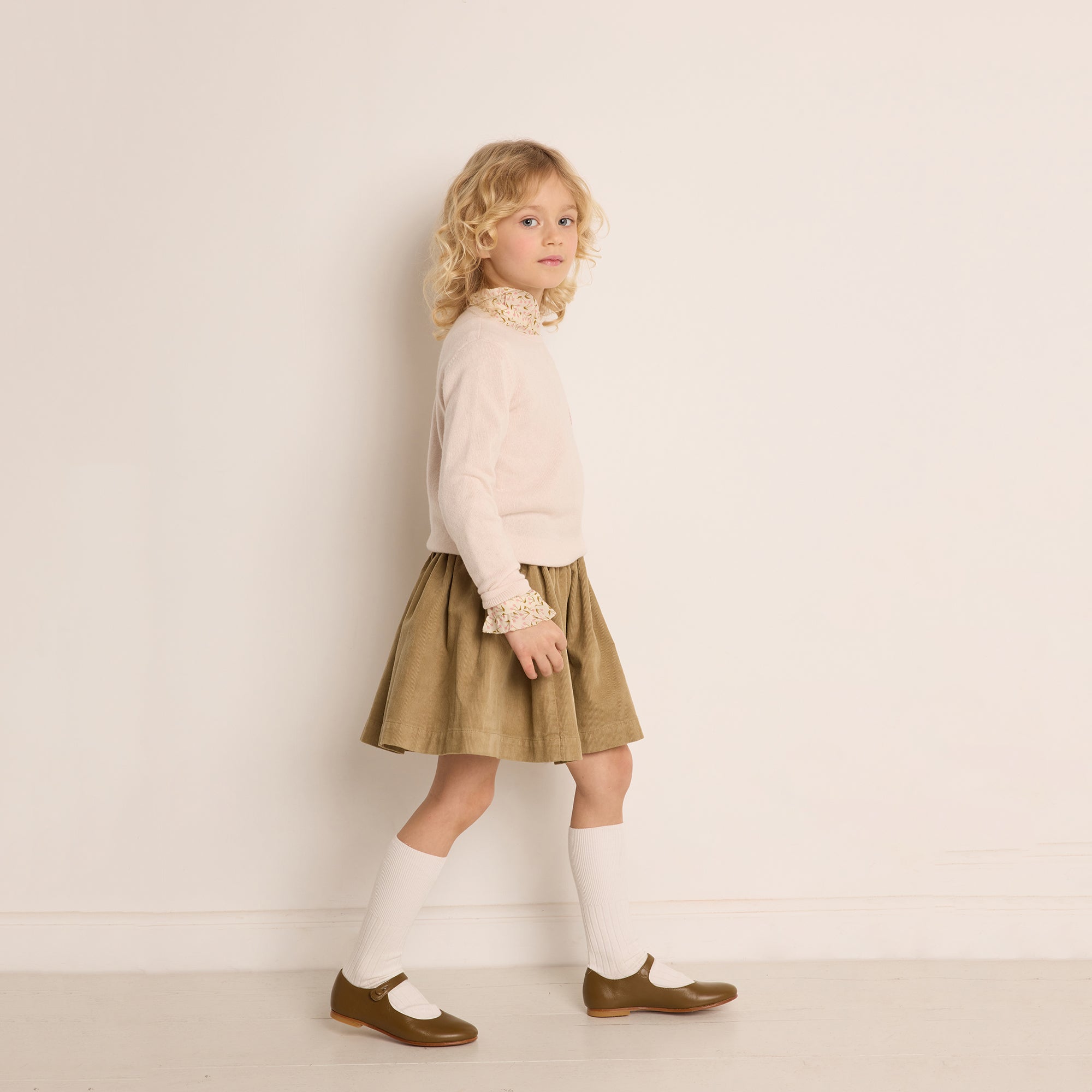 Girls Khaki Velvet Skirt