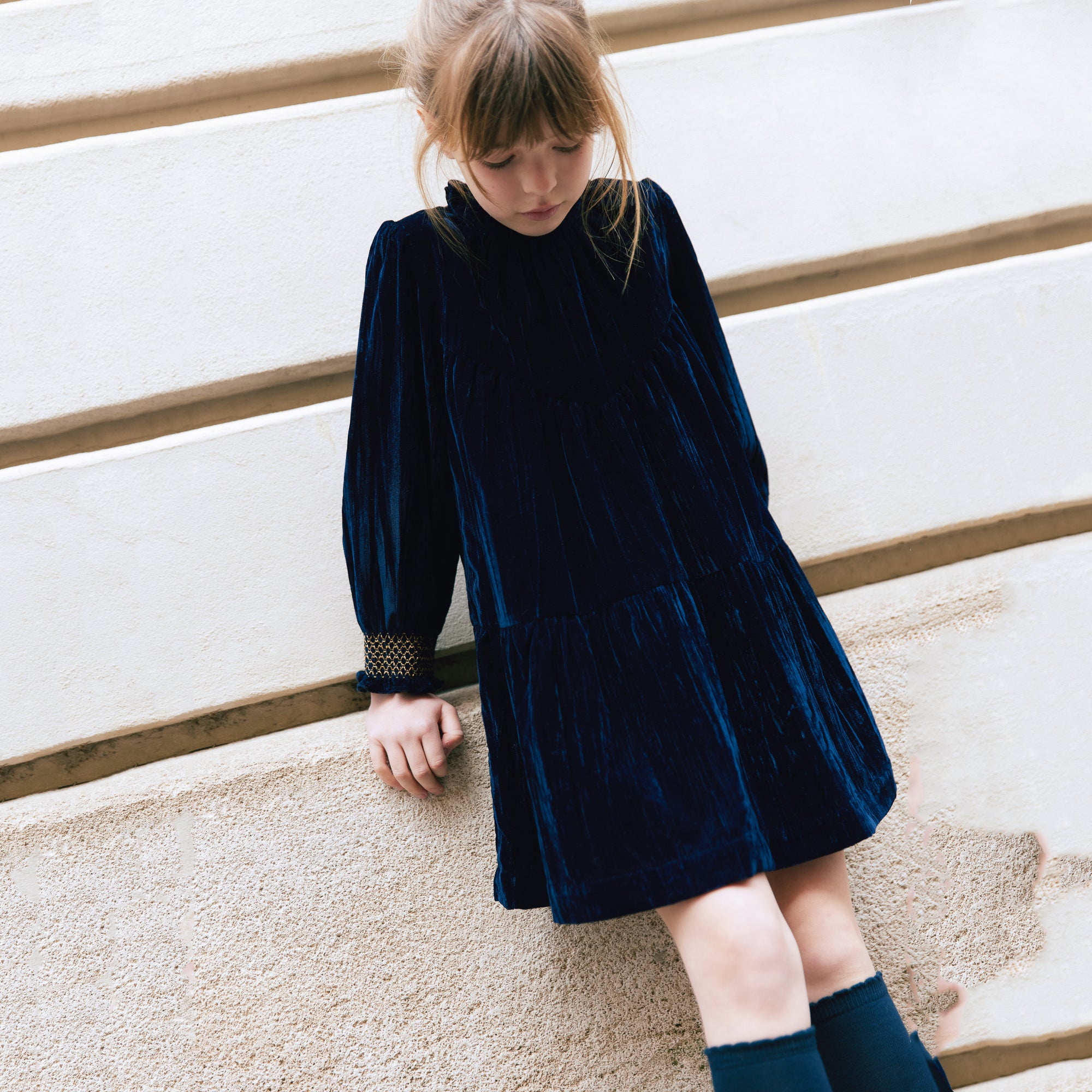 Girls Navy Velvet Dress