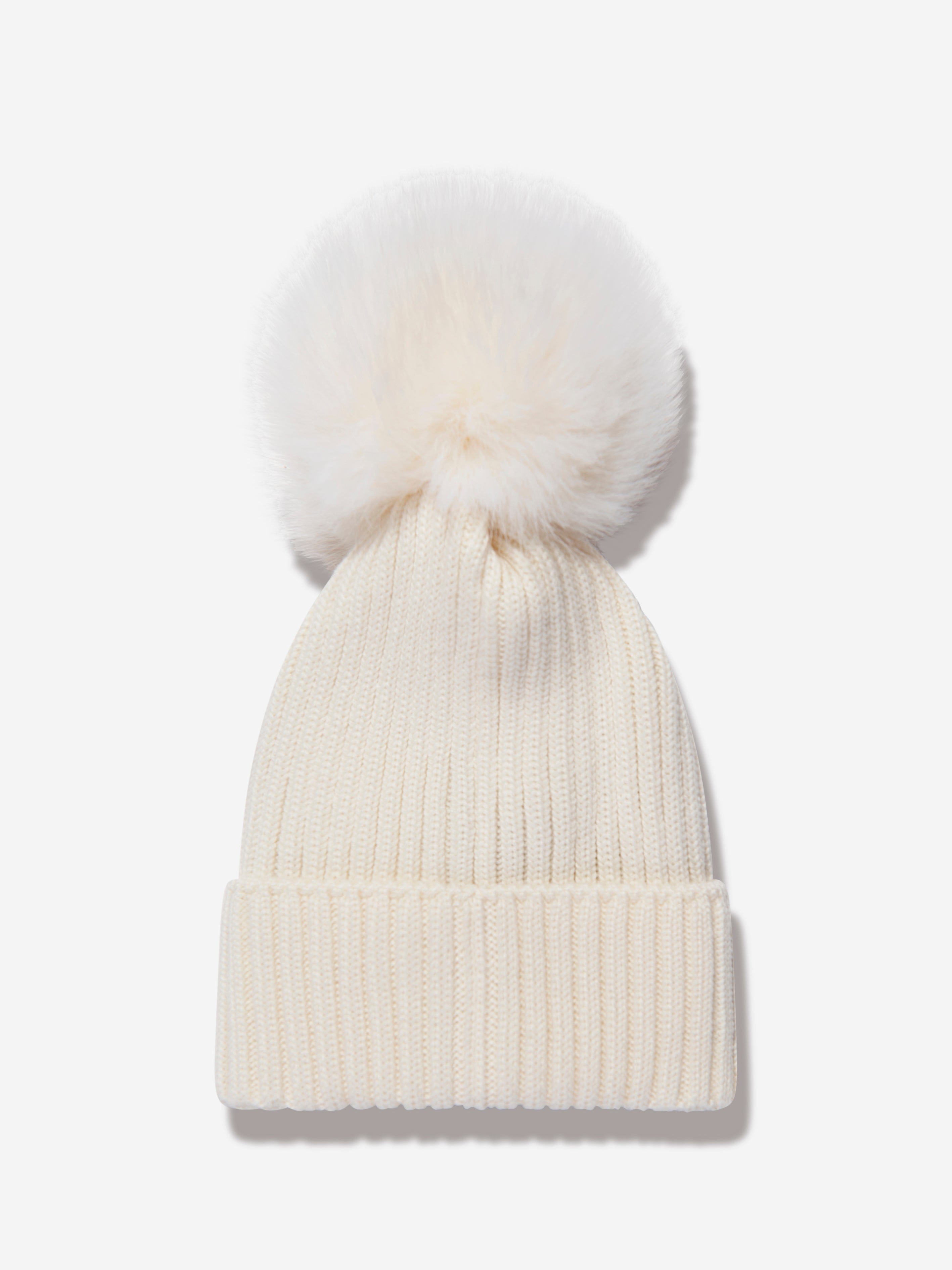 Moncler Enfant Girls Logo Pom Pom Hat in Ivory