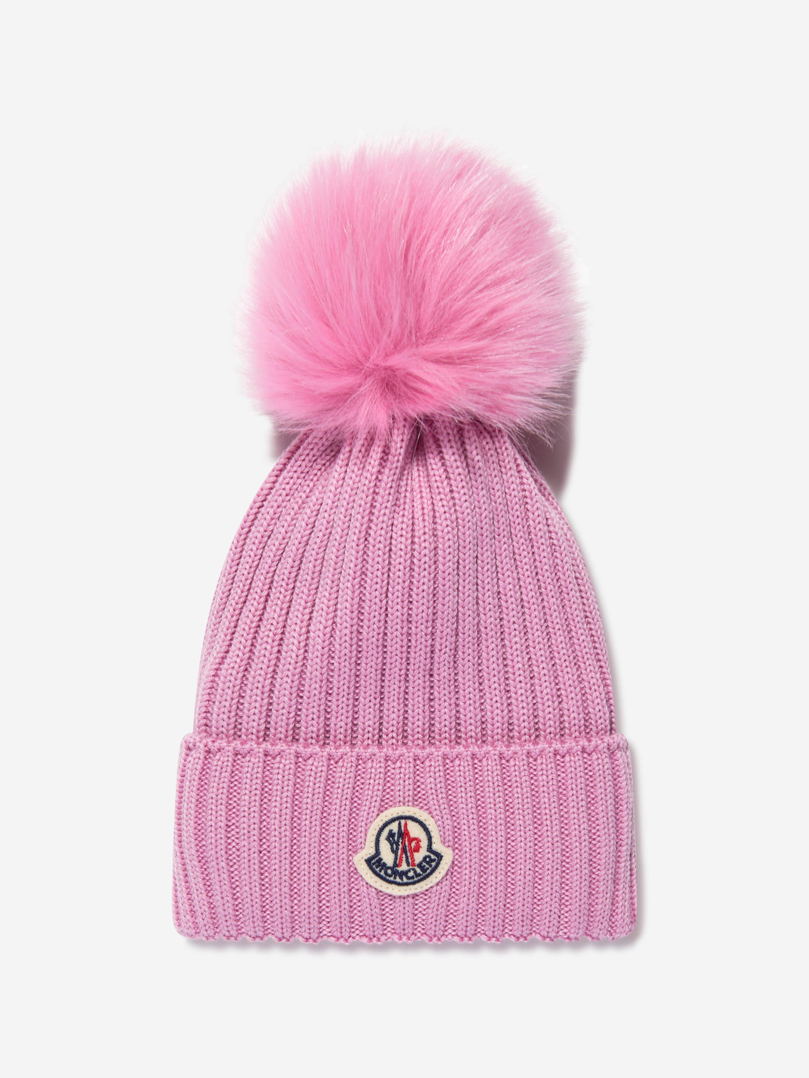 Moncler Enfant Girls Logo Pom Pom Hat in Pink