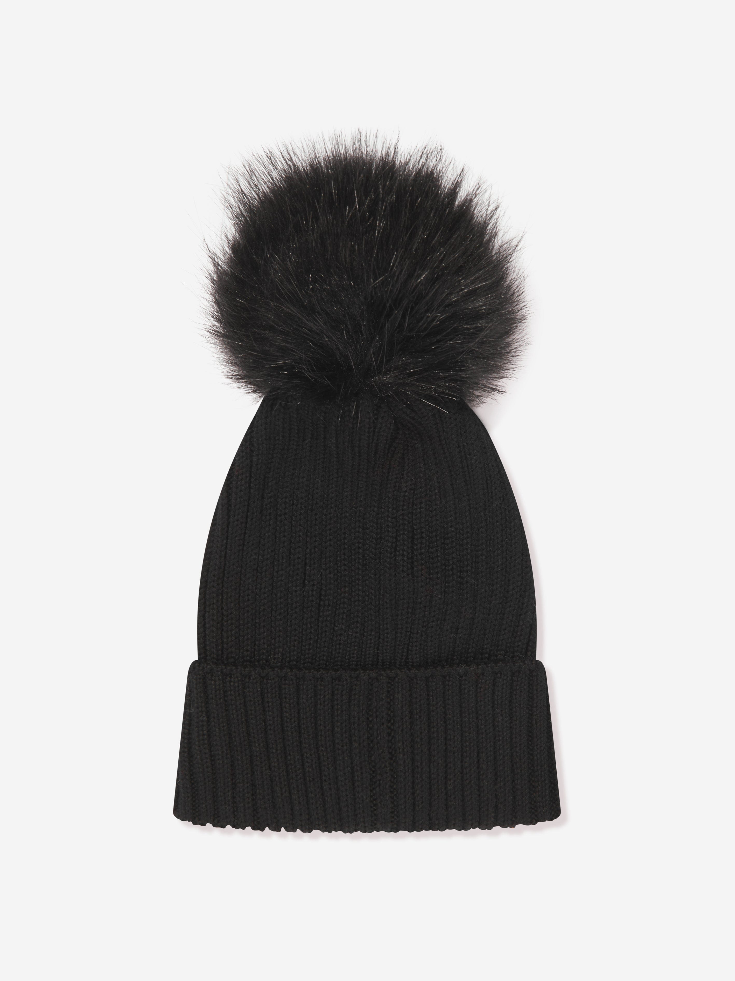 Moncler Enfant Girls Logo Pom Pom Hat in Black