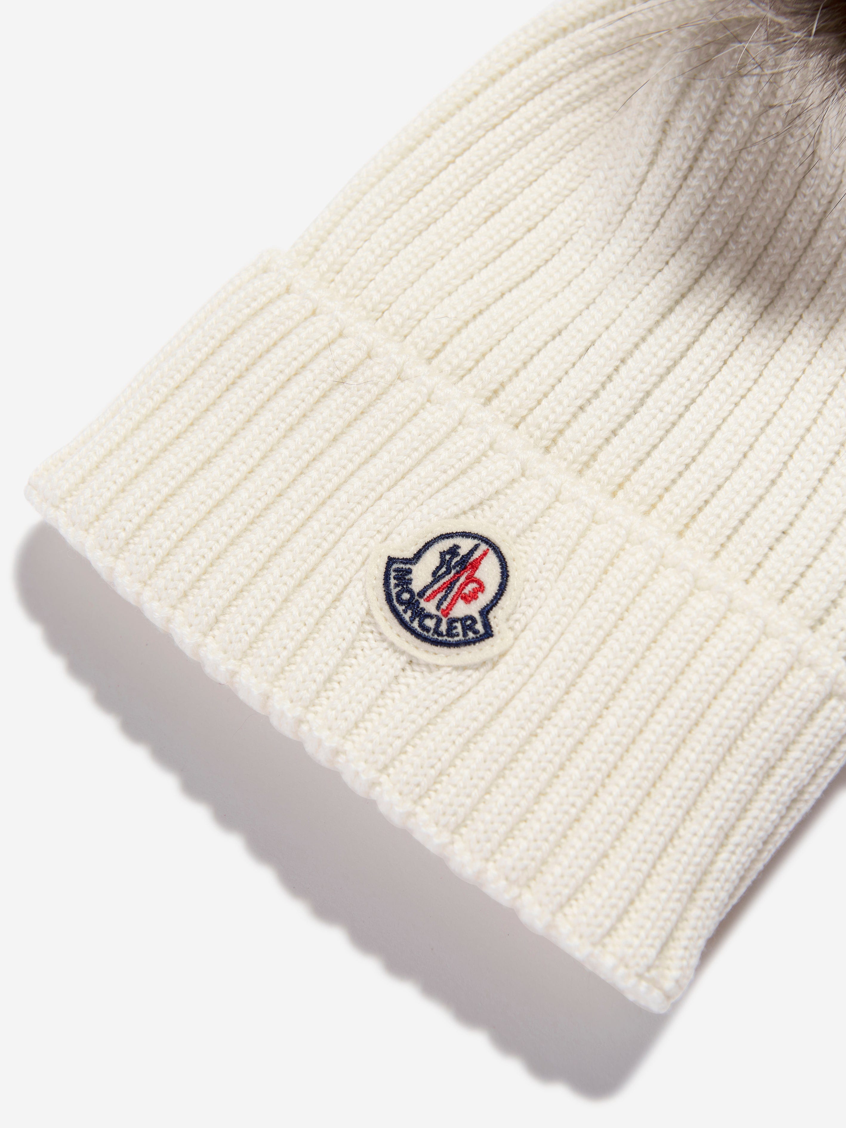 Moncler Enfant Girls Wool Pom Pom Hat in Ivory