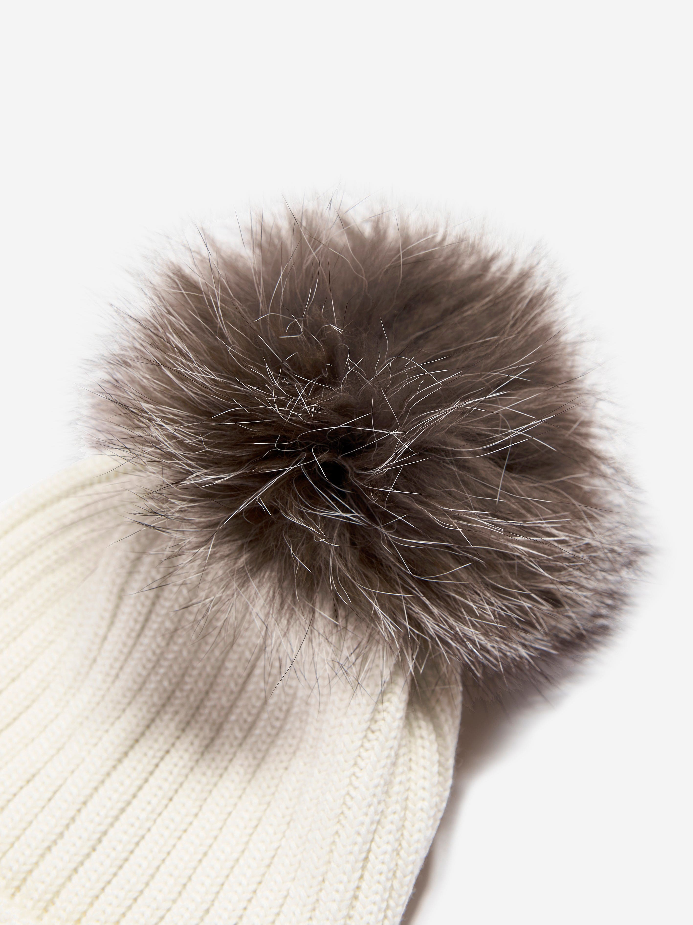 Moncler Enfant Girls Wool Pom Pom Hat in Ivory