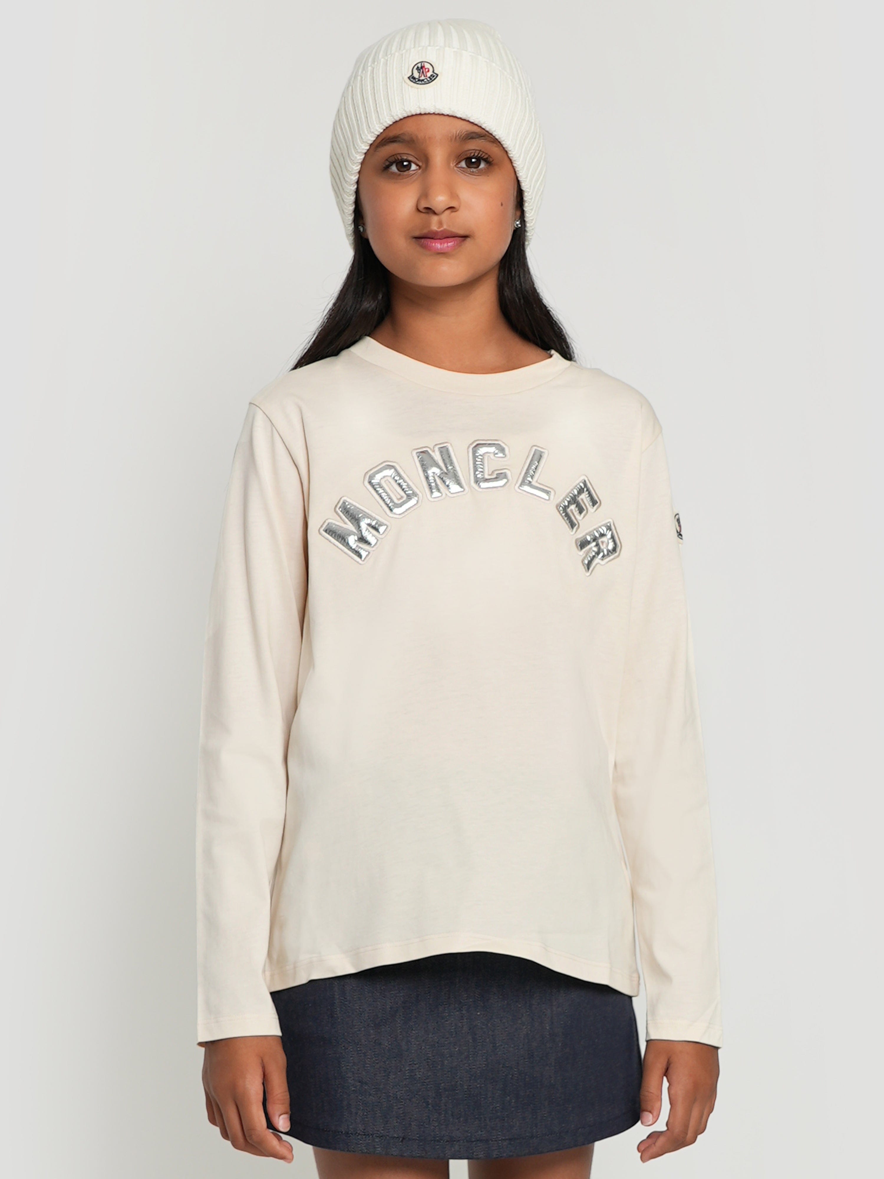 Moncler Enfant Girls Long Sleeve Logo T-Shirt in Cream