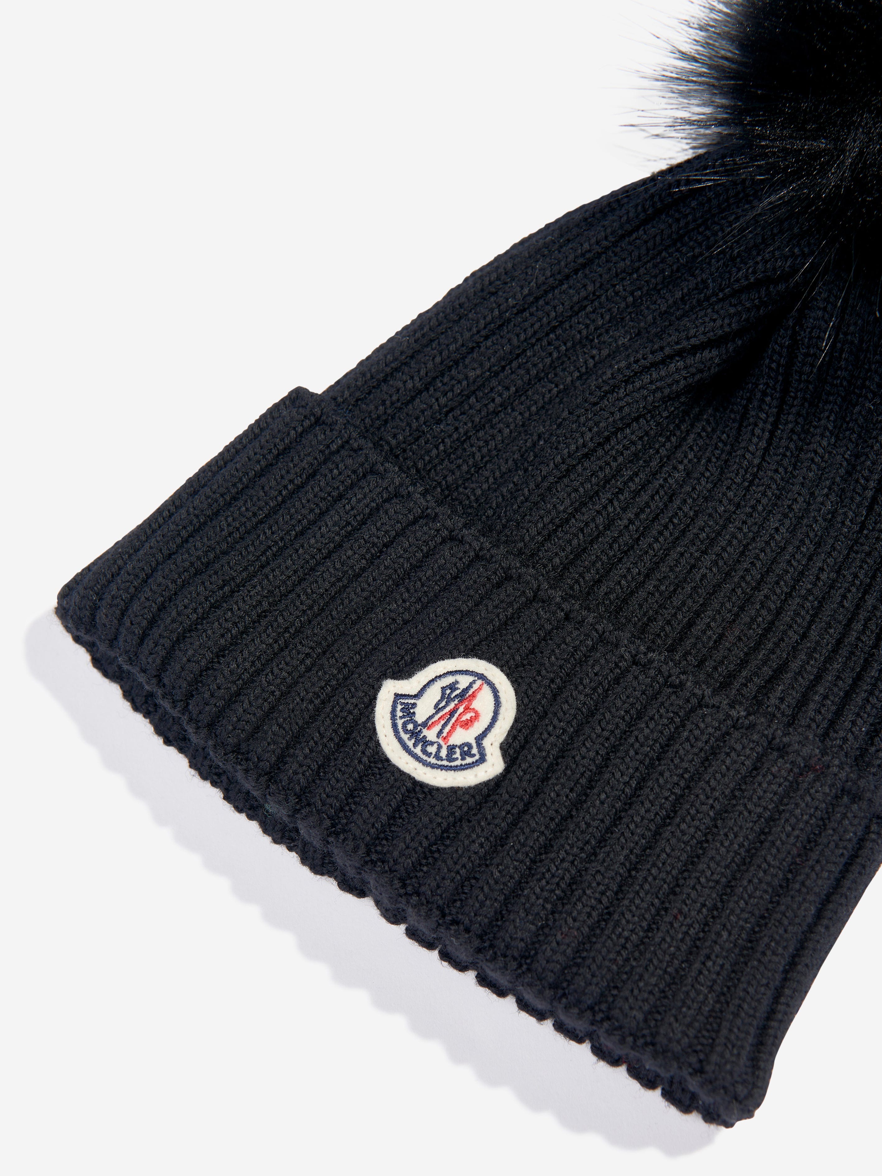 Moncler Enfant Girls Wool Pom Pom Hat in Black