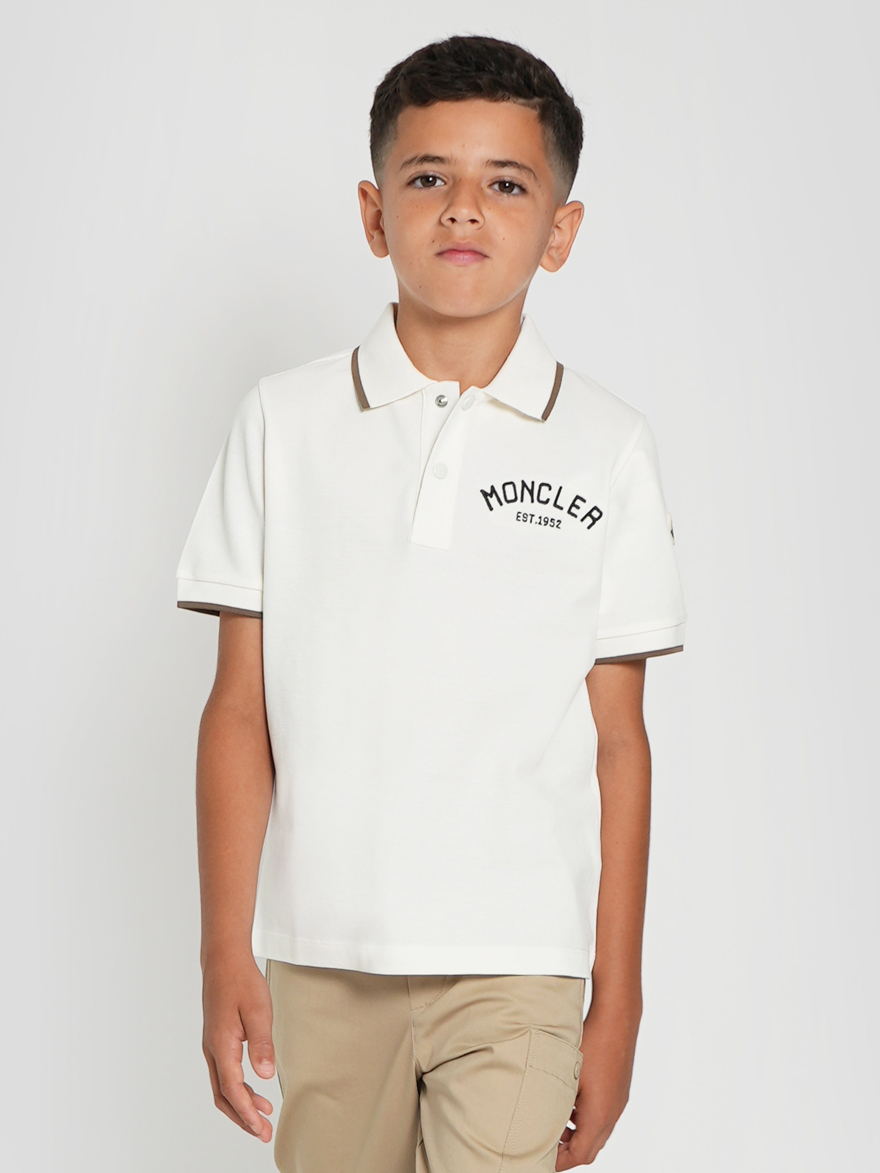 Moncler Enfant Boys Long Sleeve Polo Shirt in Ivory