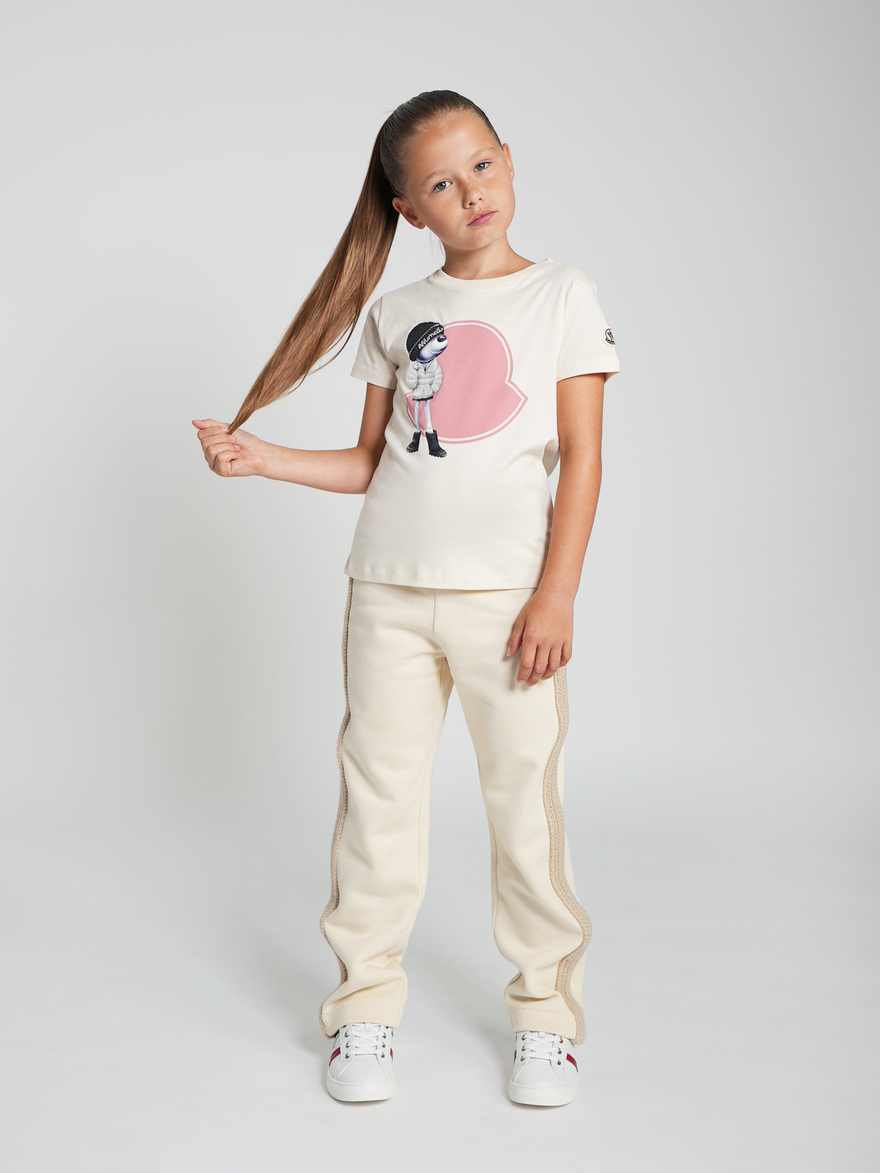 Moncler Enfant Girls Bear Motif Logo T-Shirt in Ivory