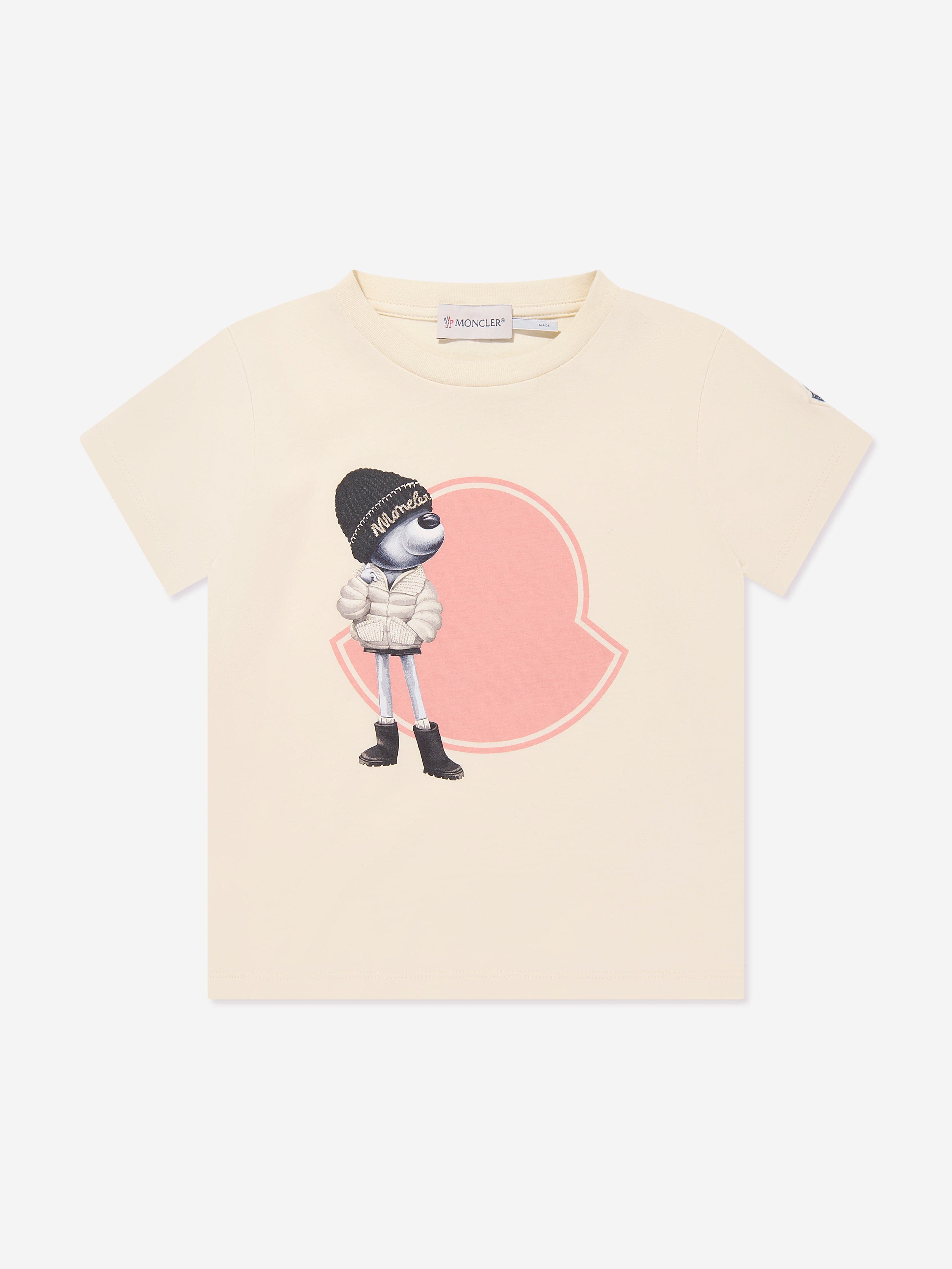 Moncler Enfant Girls Bear Motif Logo T-Shirt in Ivory