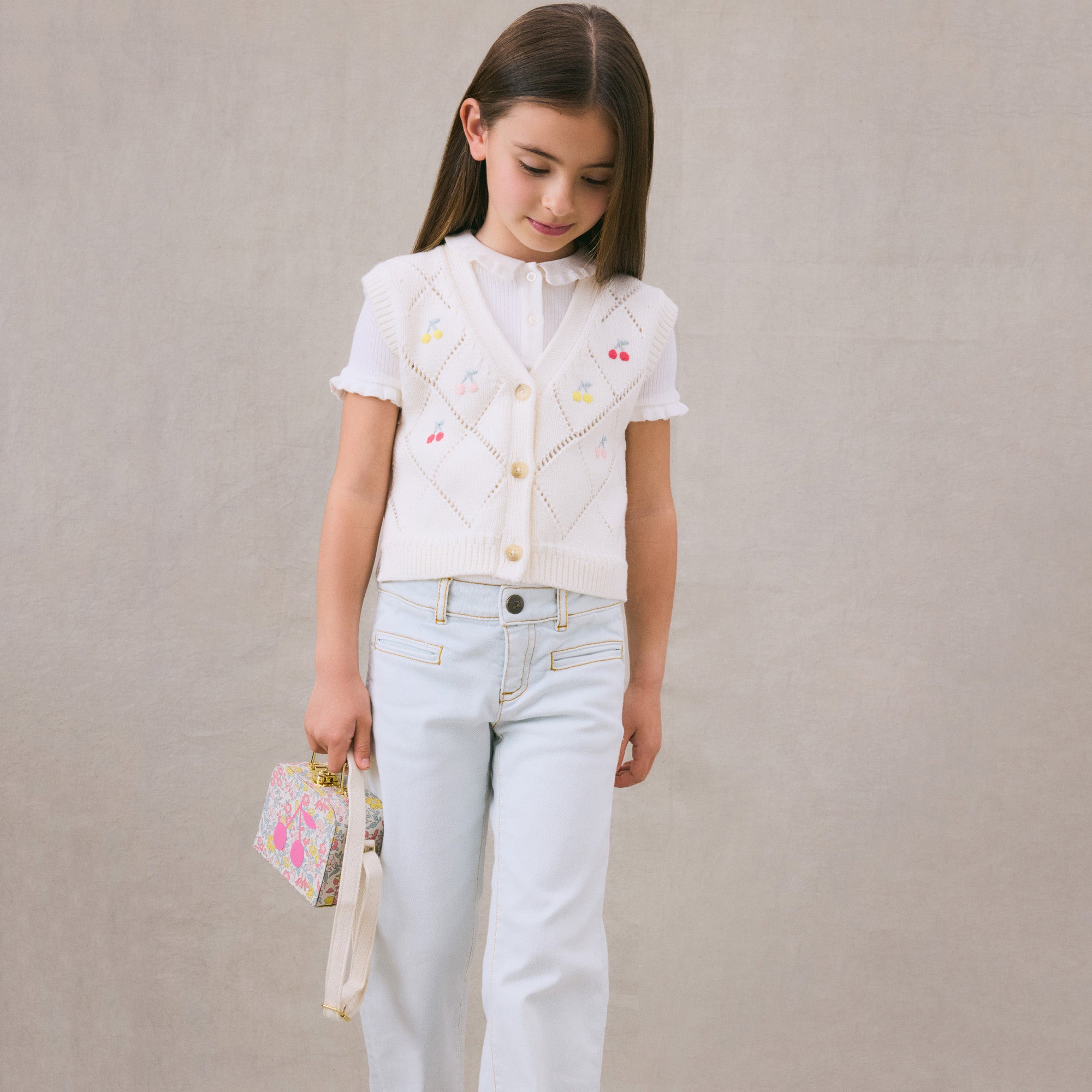 Girls White Embroidered Cotton Gilet