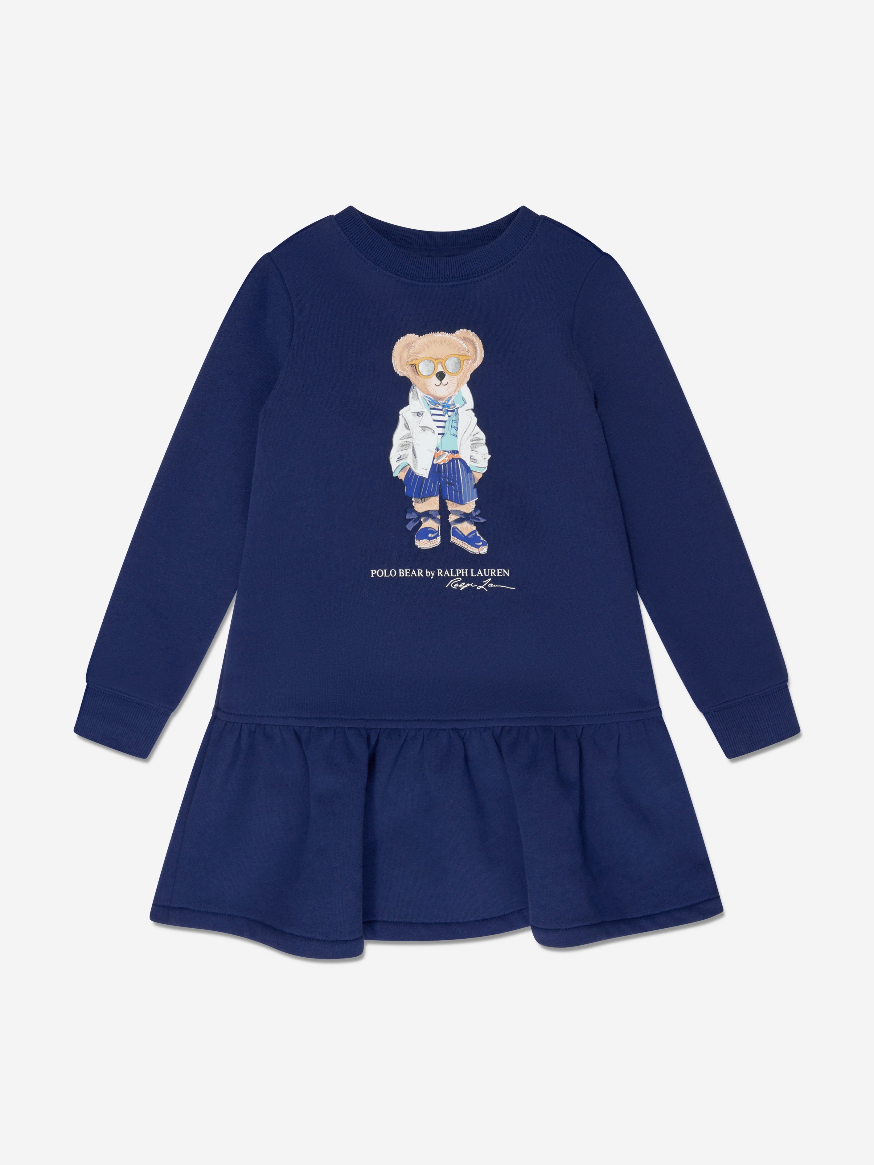 Girls Bear Fleece Dress in Navy