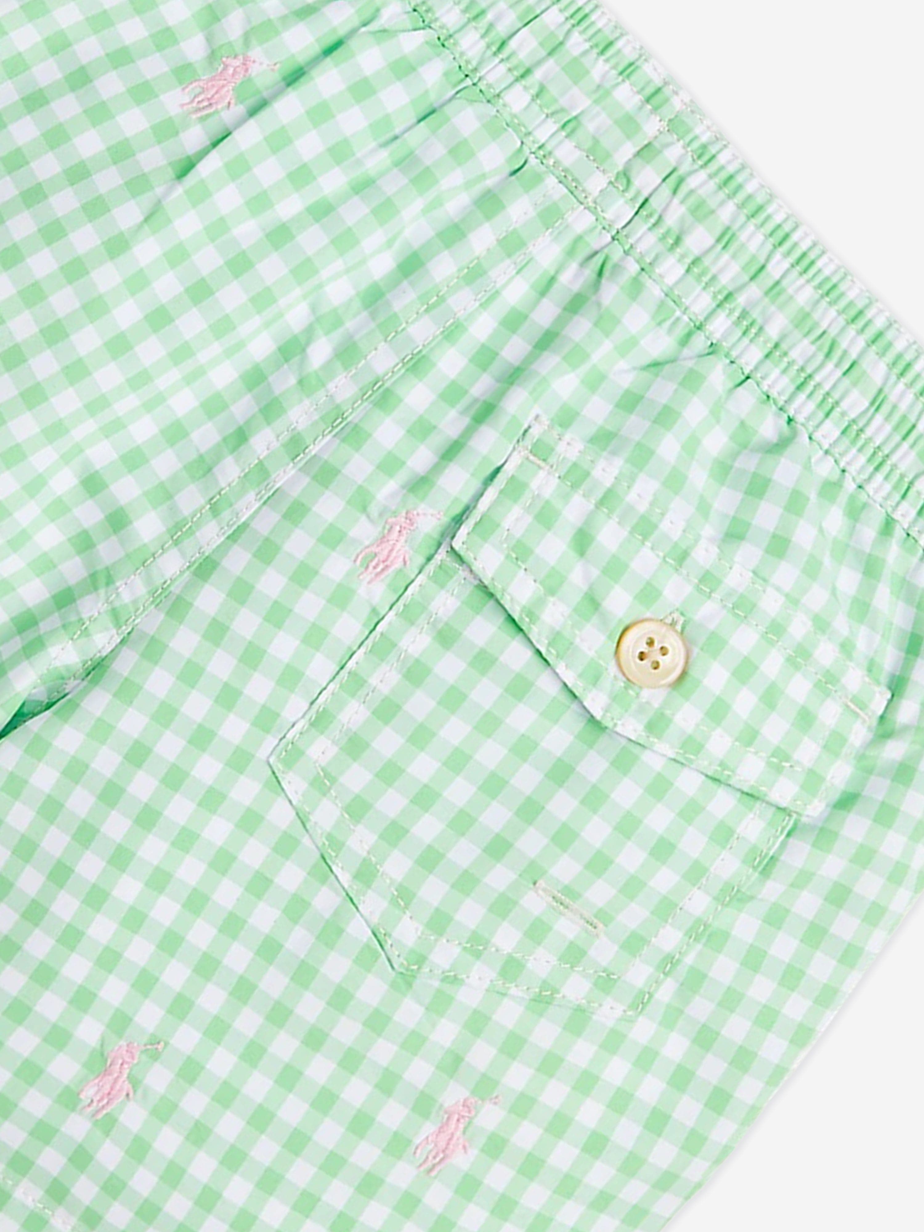 Ralph Lauren Boys Gingham Logo Swim Shorts in Green