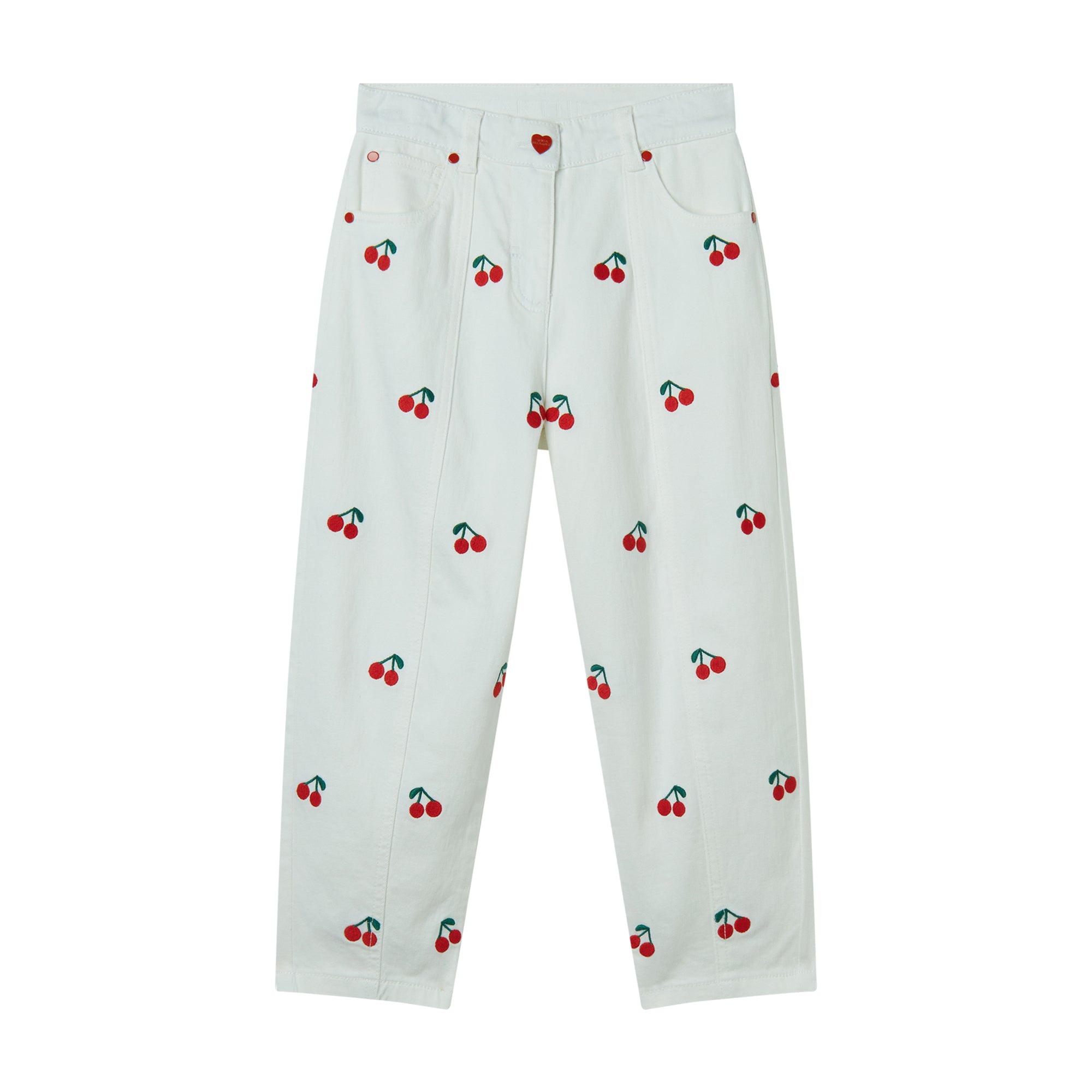 Girls White Embroidered Cherry Denim Trousers