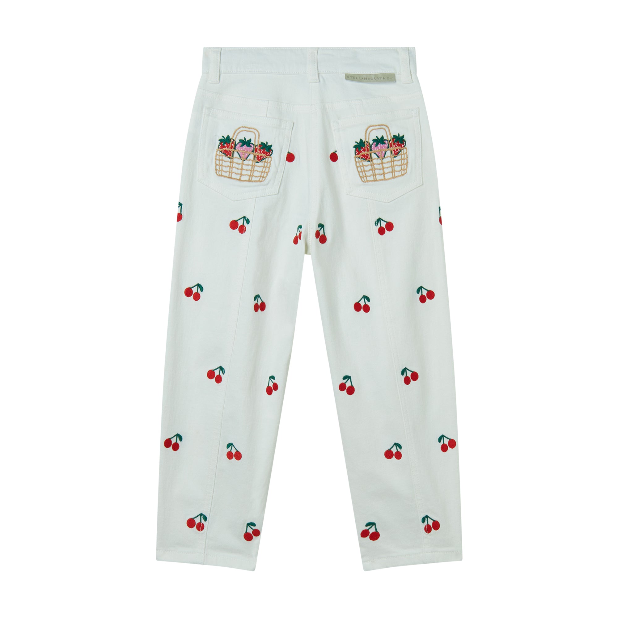 Girls White Embroidered Cherry Denim Trousers