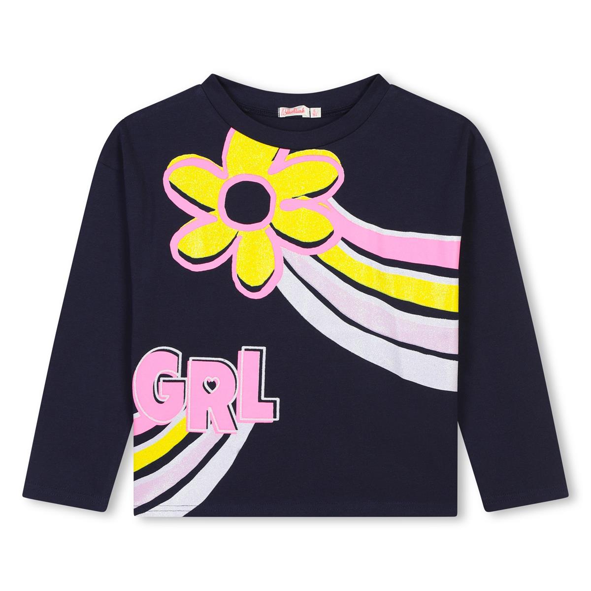 Girls Dark Blue Printed Cotton T-Shirt