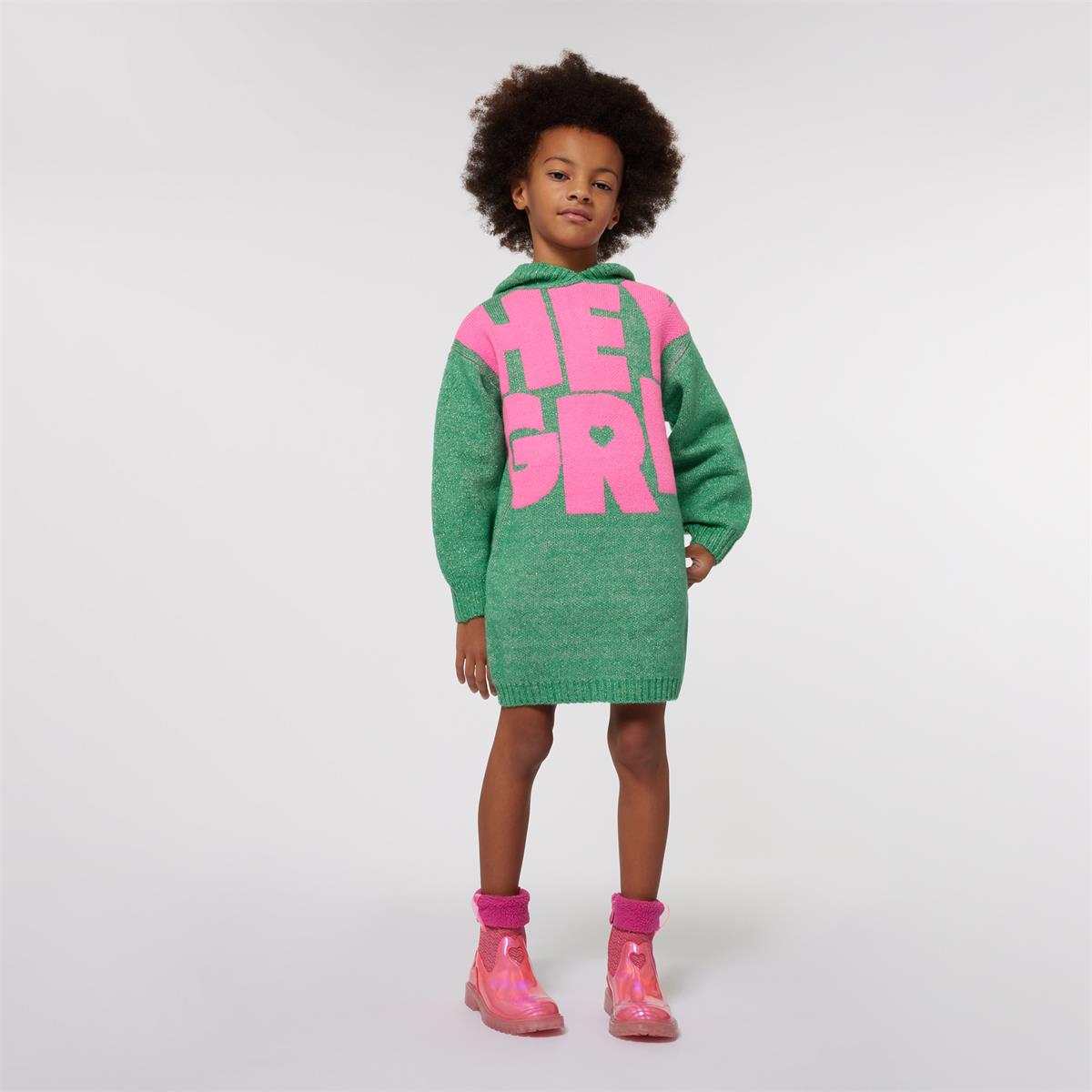 Girls Green Hooded Knit Dress