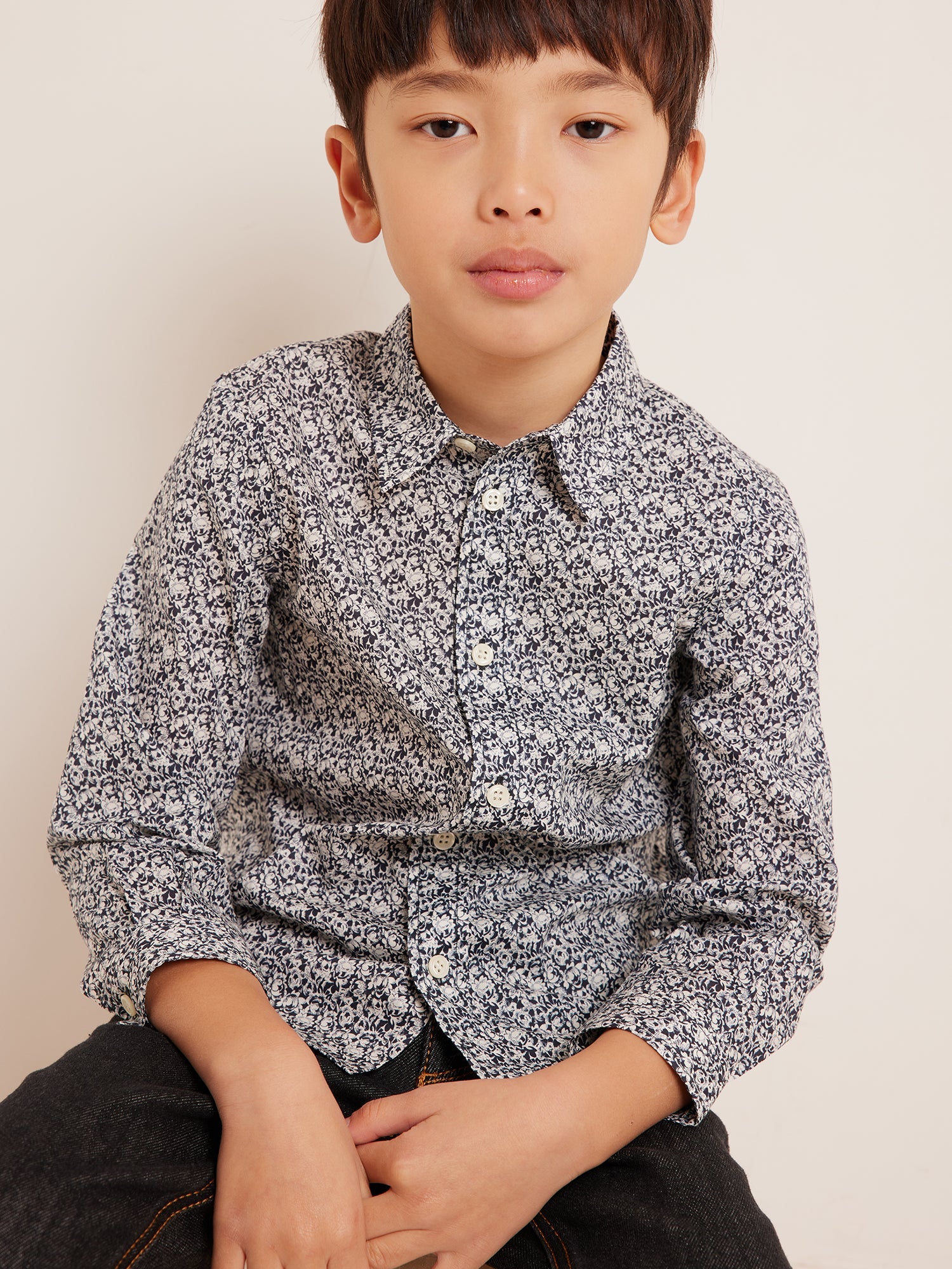 Boys Navy Floral Cotton Shirt