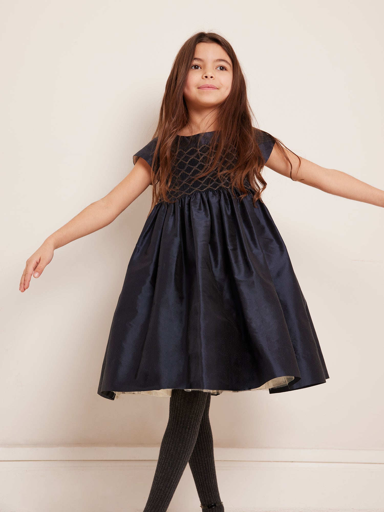 Girls Navy Silk Dress