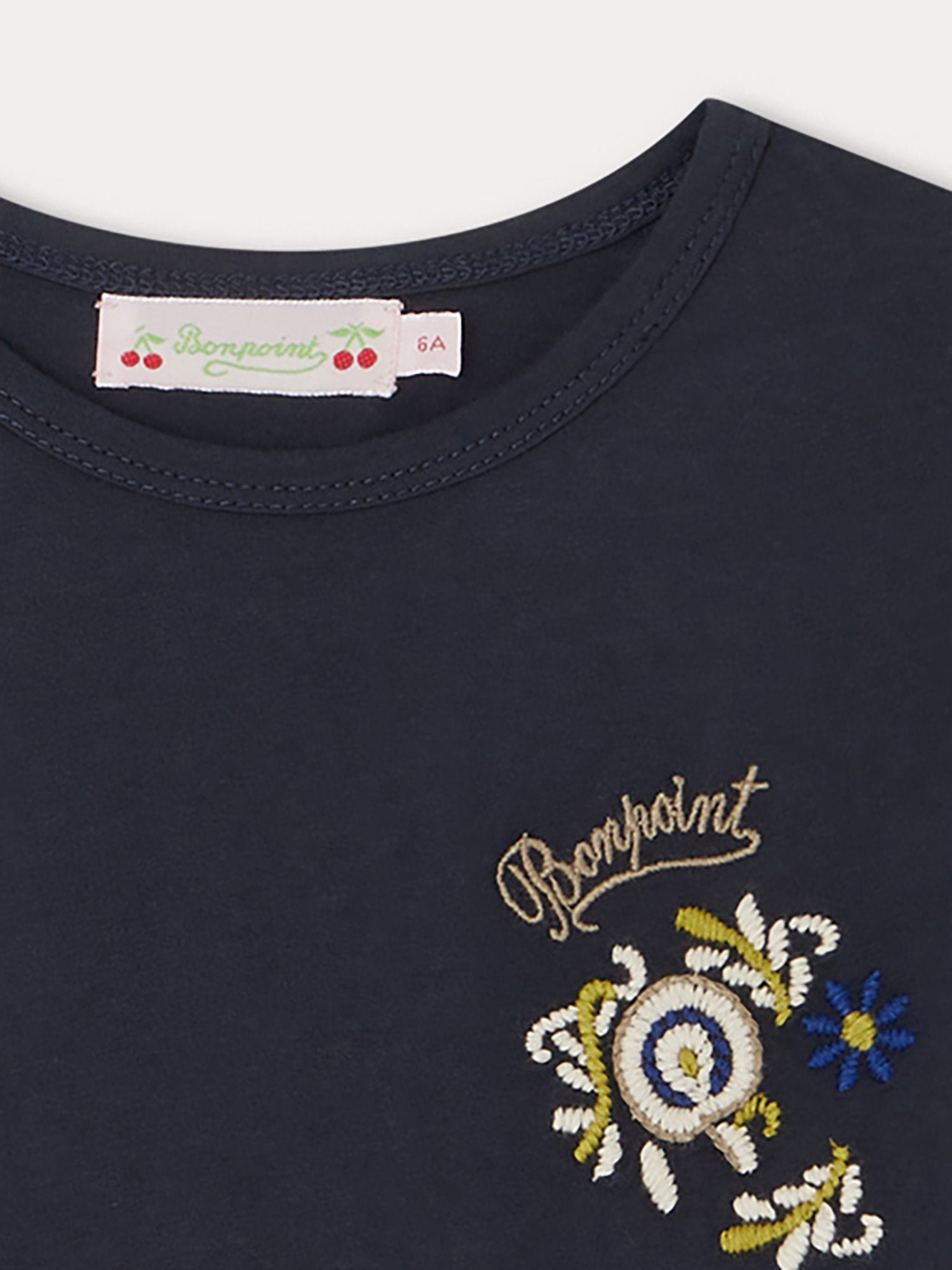 Girls Navy Embroidered Cotton T-Shirt