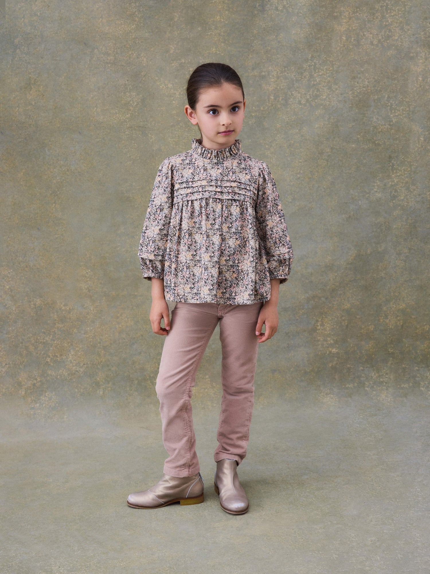 Girls Beige Floral Corduroy Shirt