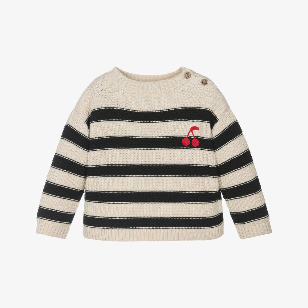 Girls Ivory Stripes Cotton Sweater