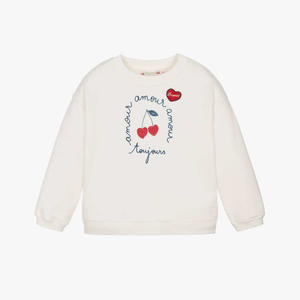 Girls White Cherry Cotton Sweatshirt