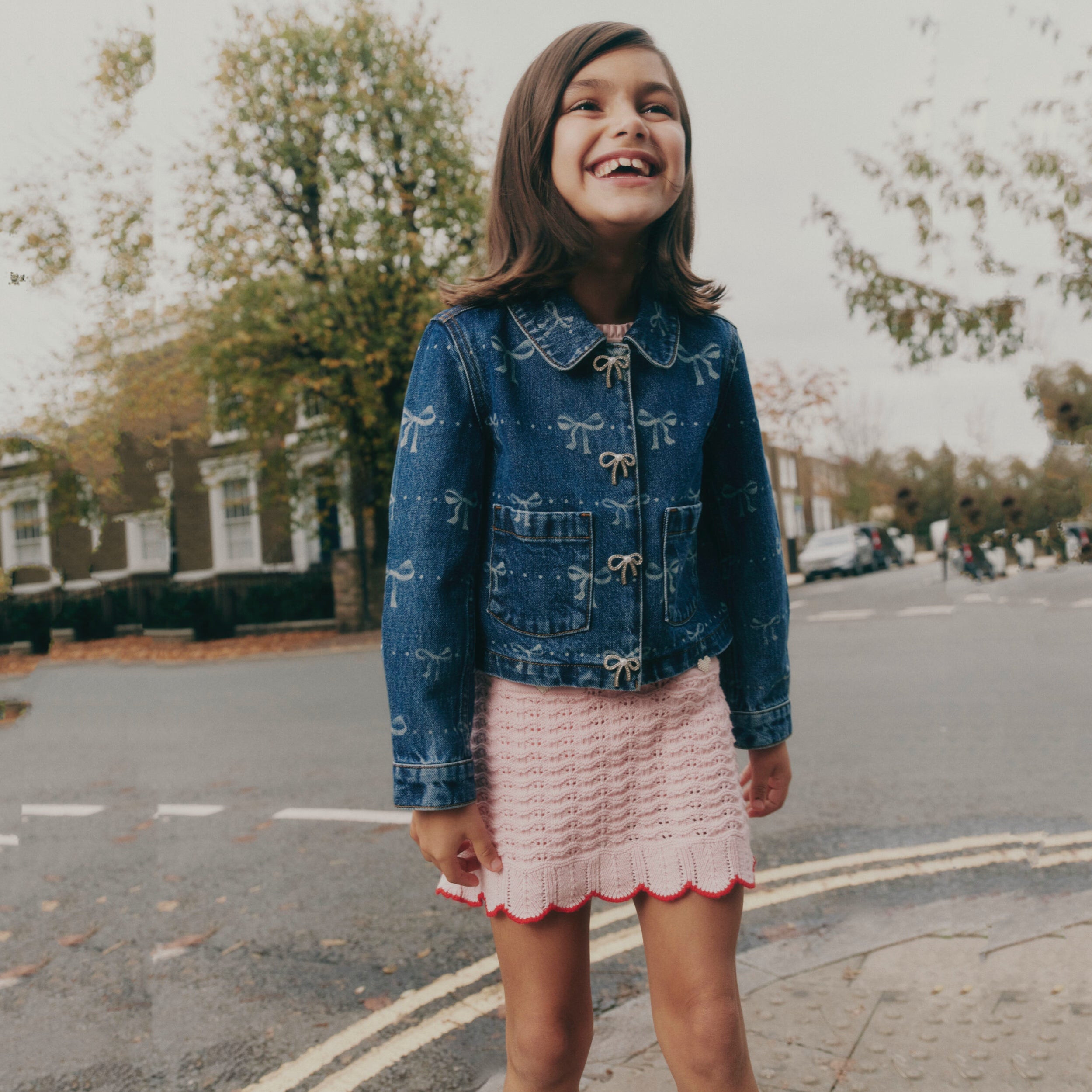 Girls Blue Bow Print Denim Jacket