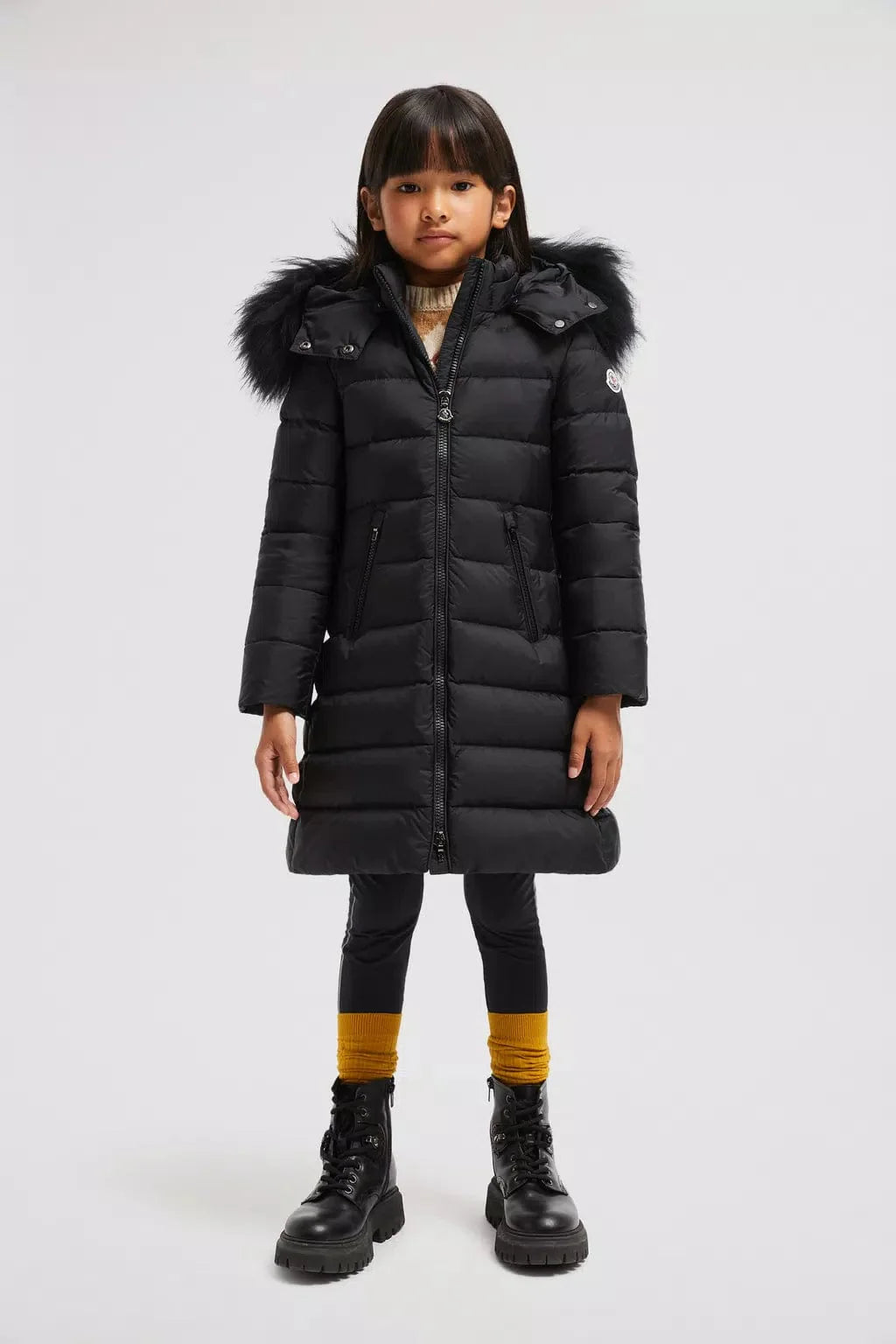 Moncler Enfant Girls Down Padded Abelle Long Coat in Black