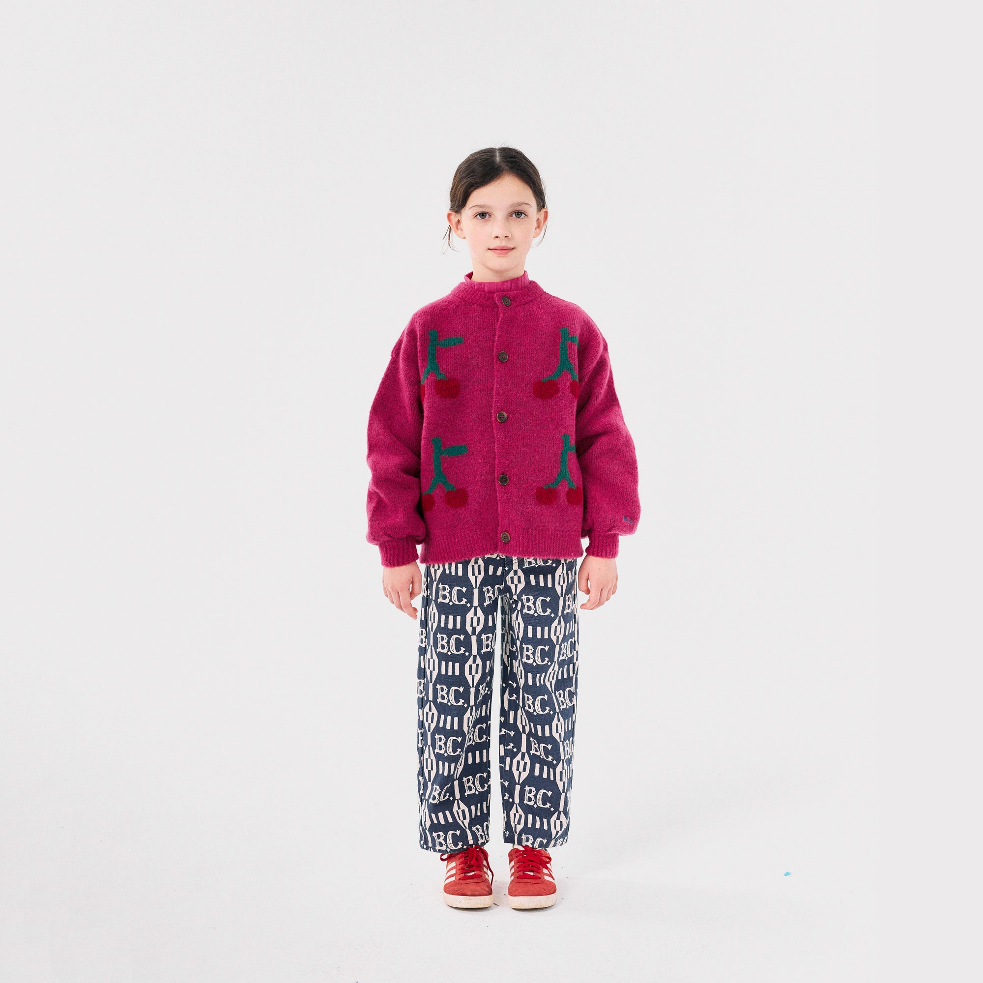 Girls Fuchsia Cherry Jacquard Cardigan