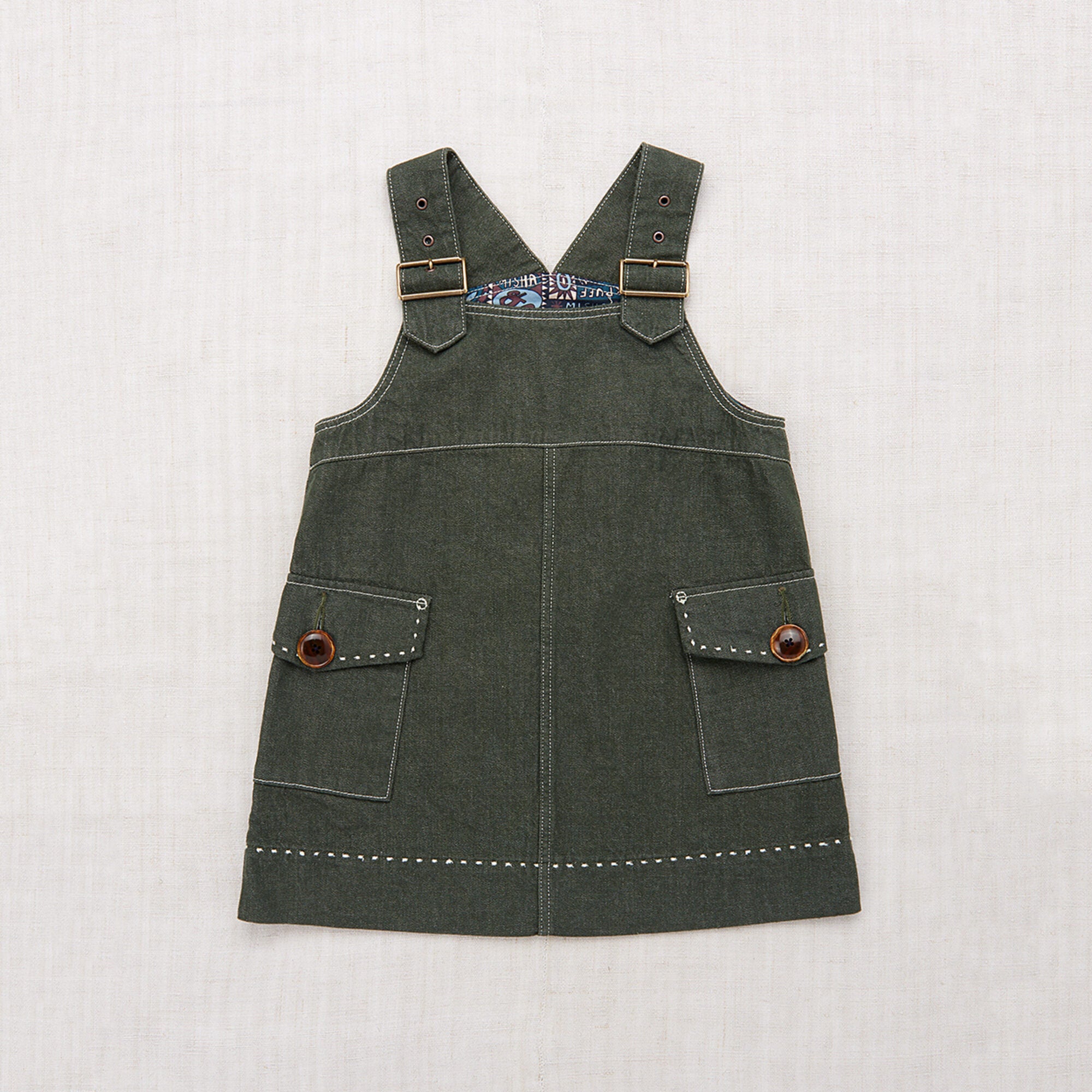 Girls Dark Green Denim Strap Dress