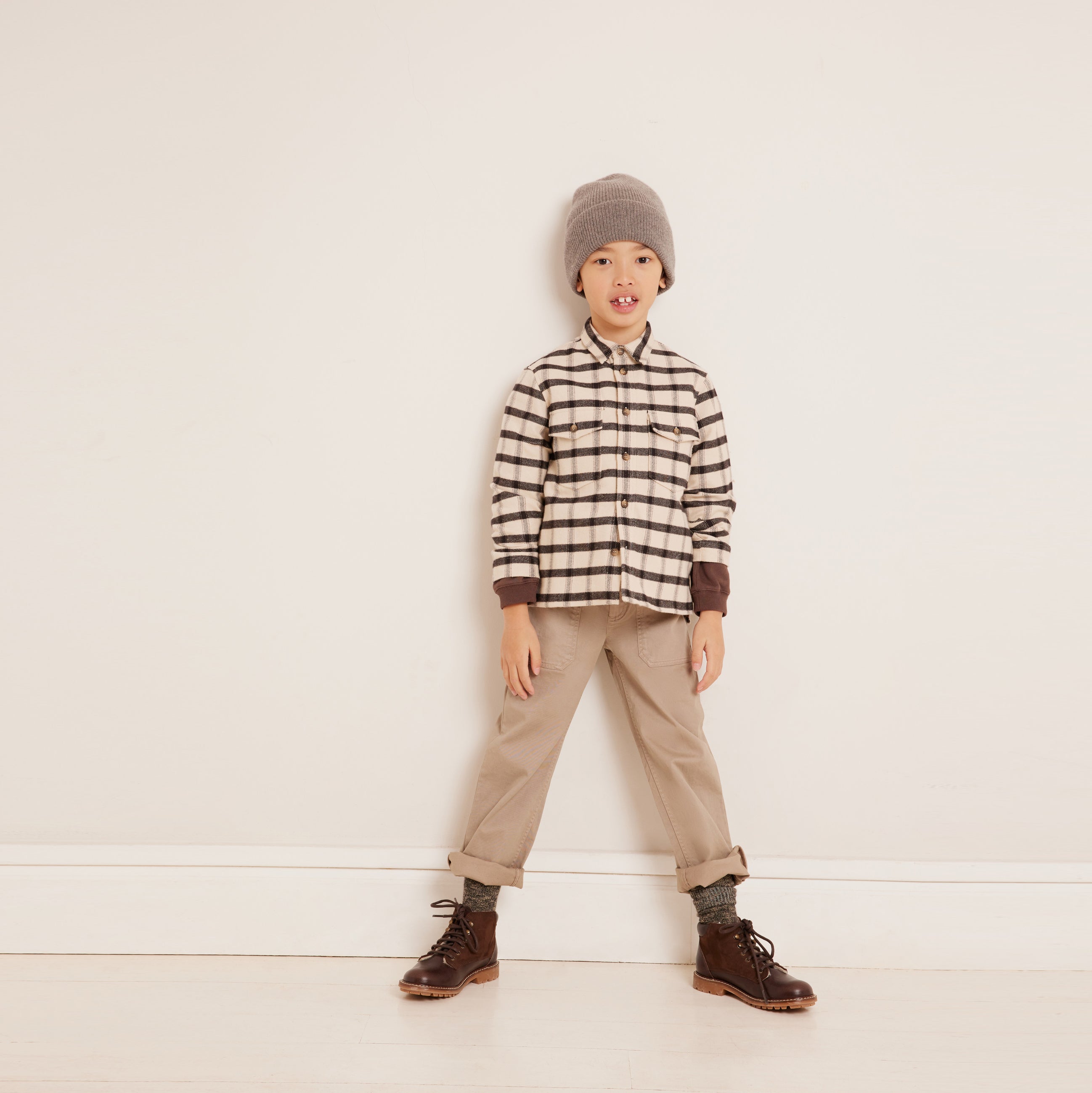 Boys Beige Check Cotton Shirt