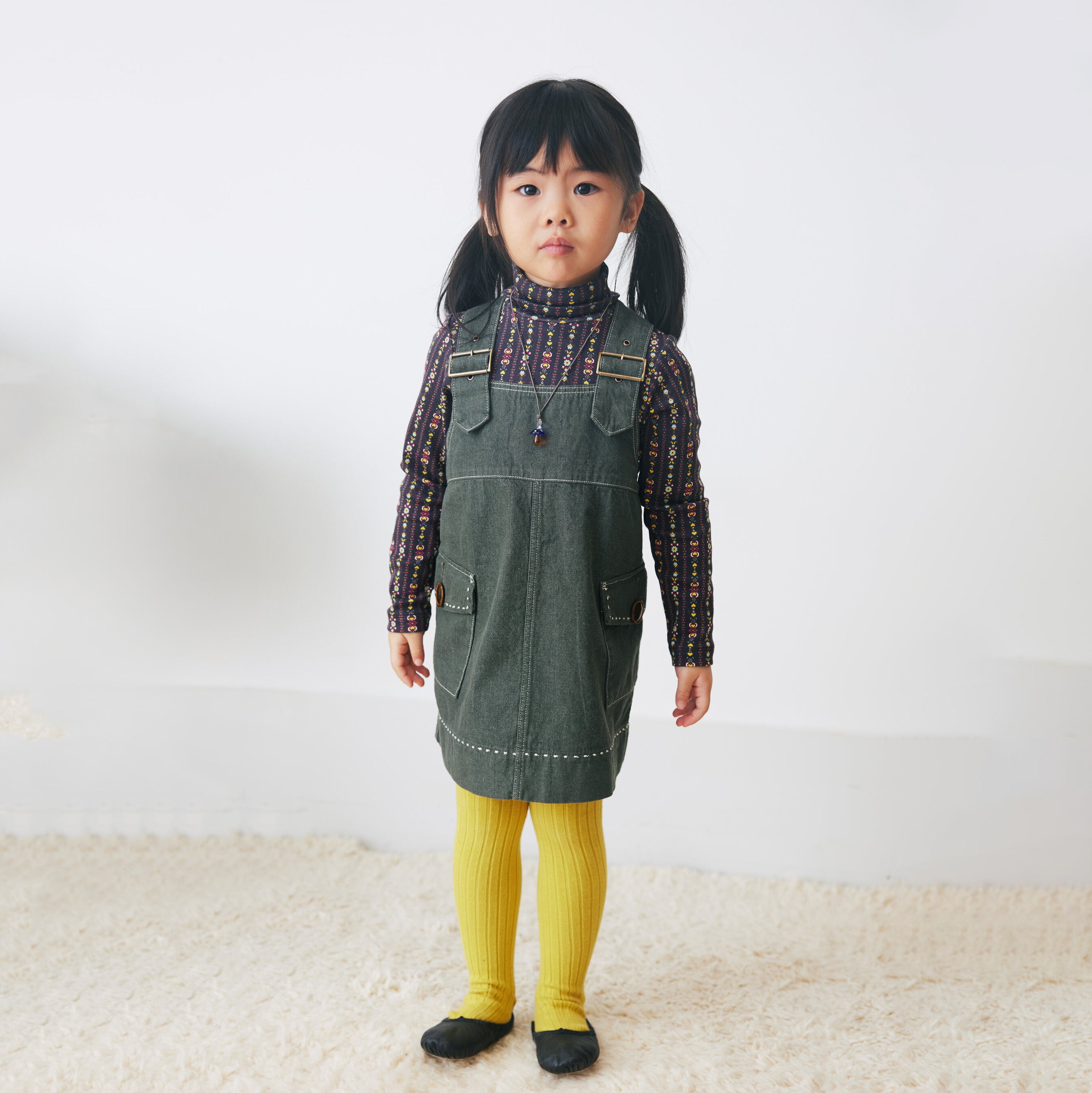 Girls Dark Green Denim Strap Dress