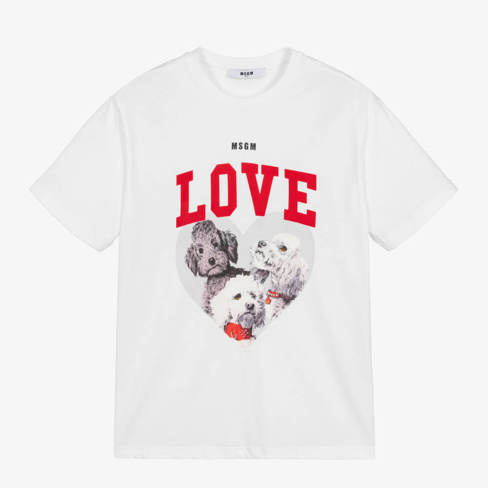 Girls White Puppy Cotton T-Shirt