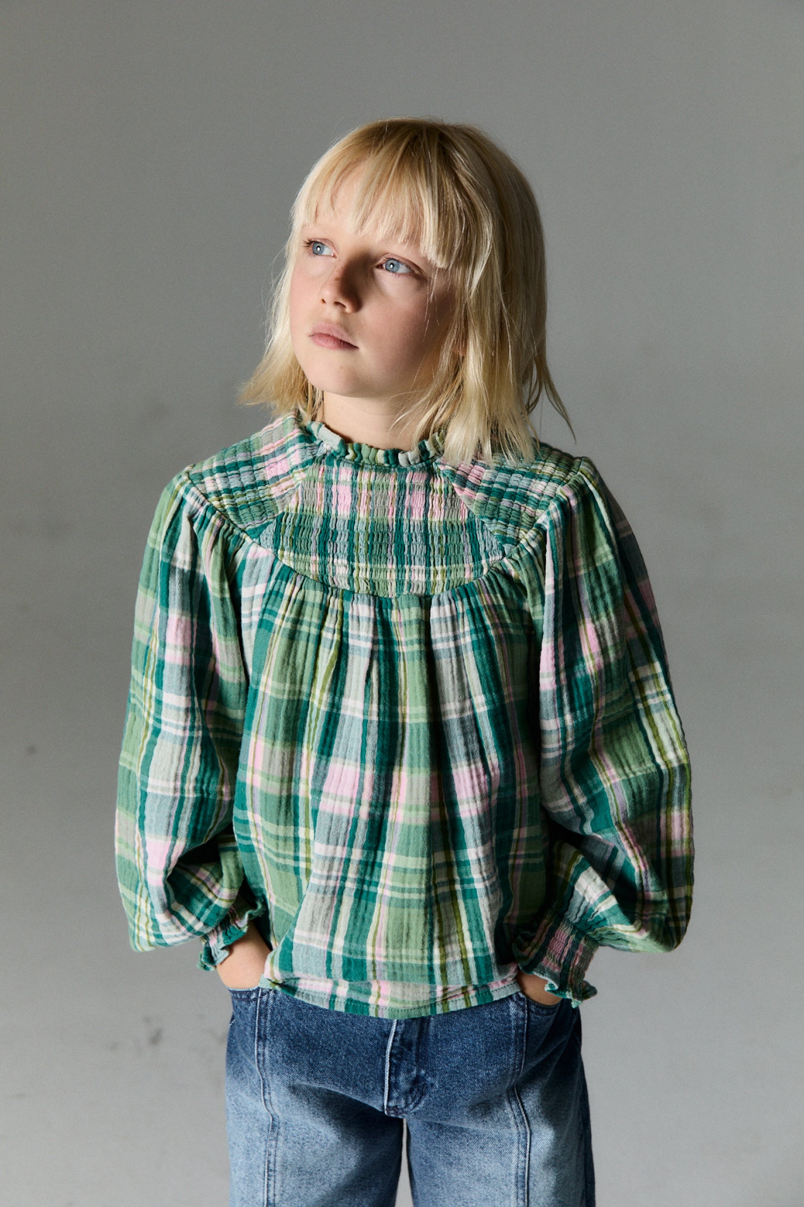 Girls Green Check Cotton Top