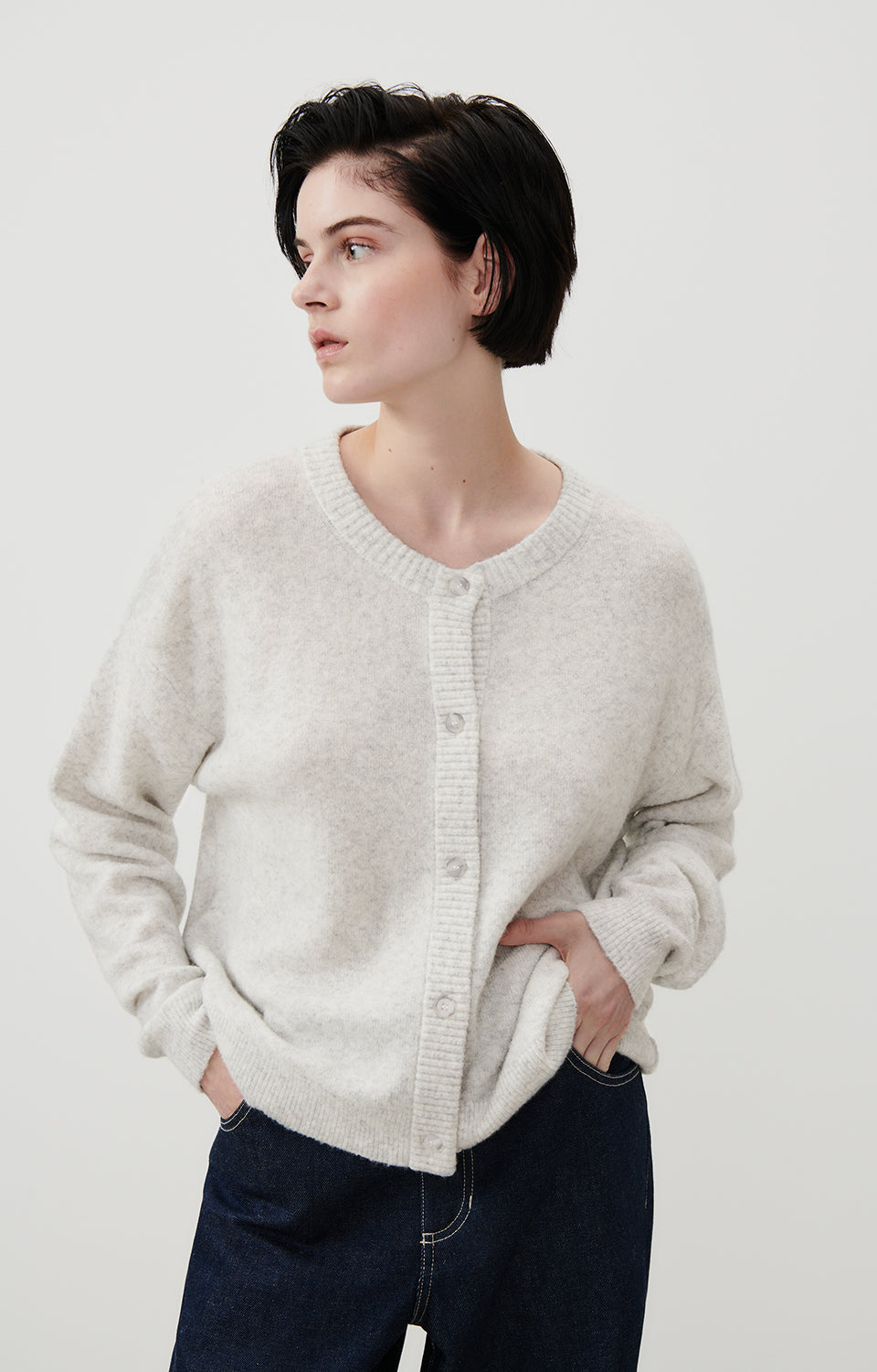 Women Beige Grey Knit Cardigan