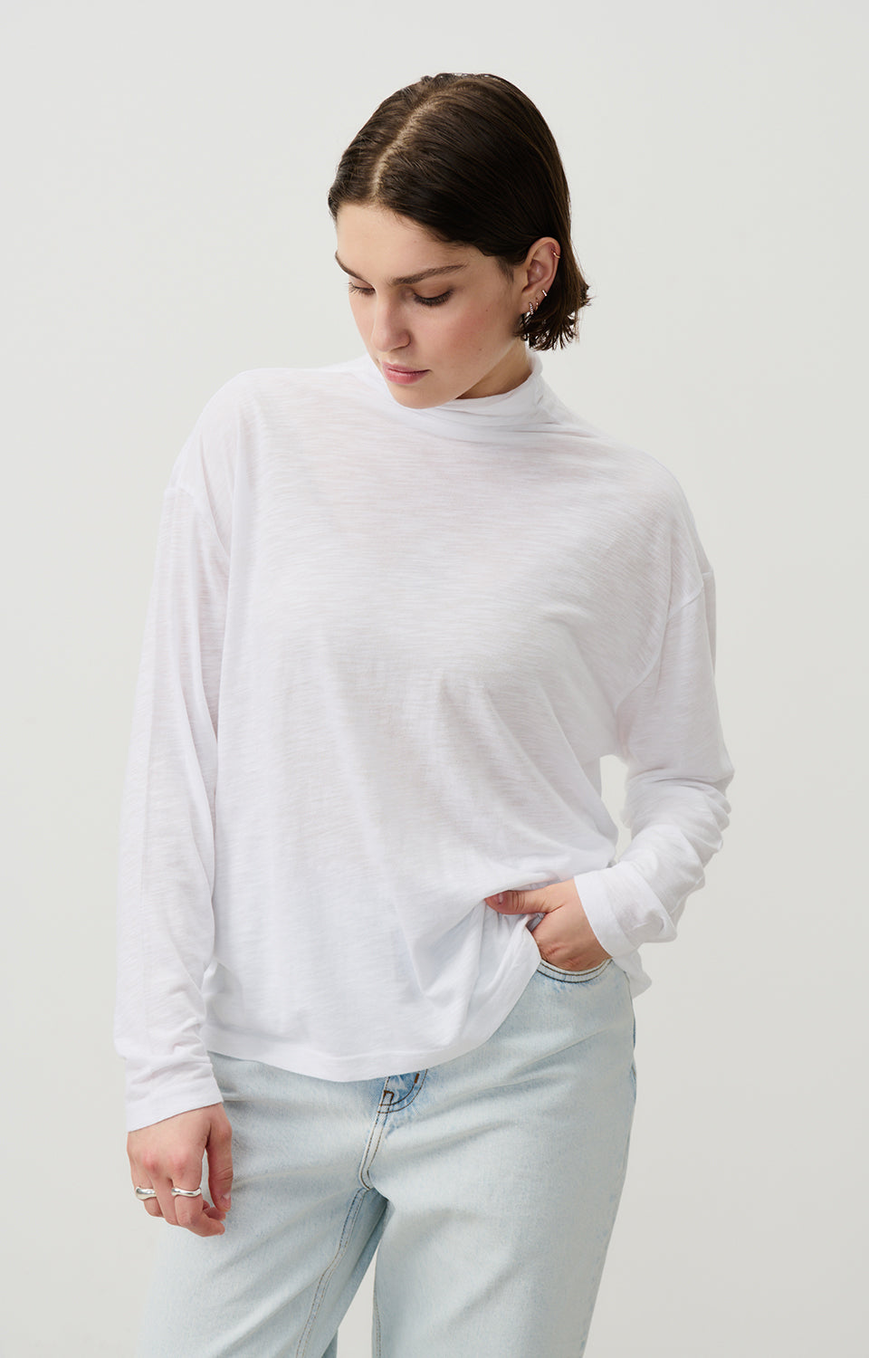 Women White High Neck Cotton T-Shirt