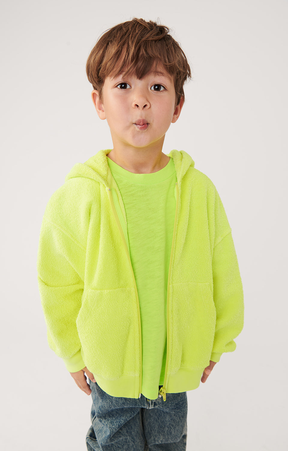 Boys & Girls Fluo Green Cotton Zip-Up Top